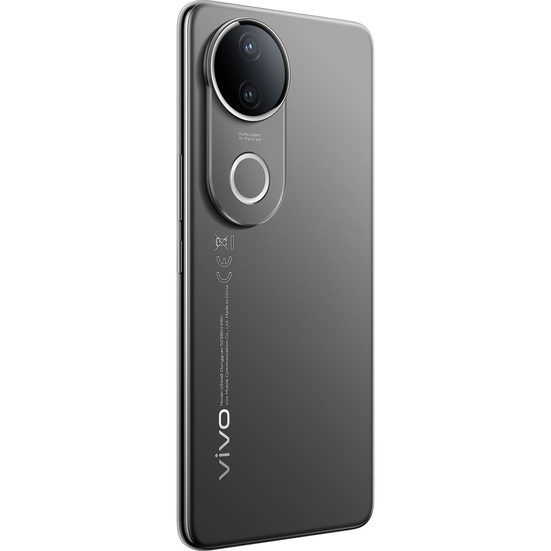 Ein graues Vivo-Smartphone. Es hat ein Kameramodul mit zwei Linsen, einen Blitz und ein Ringlicht. Das Telefon ist auf weißem Hintergrund.
