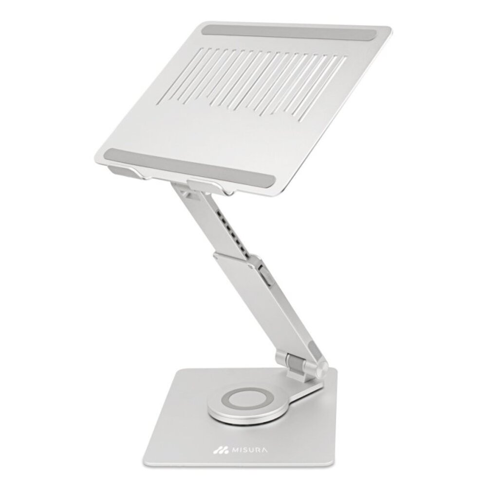 Srebrny stojak na laptopa z regulowanym ramieniem i podstawą. Stojak jest skierowany w górę. Podstawa posiada ładowarkę bezprzewodową.