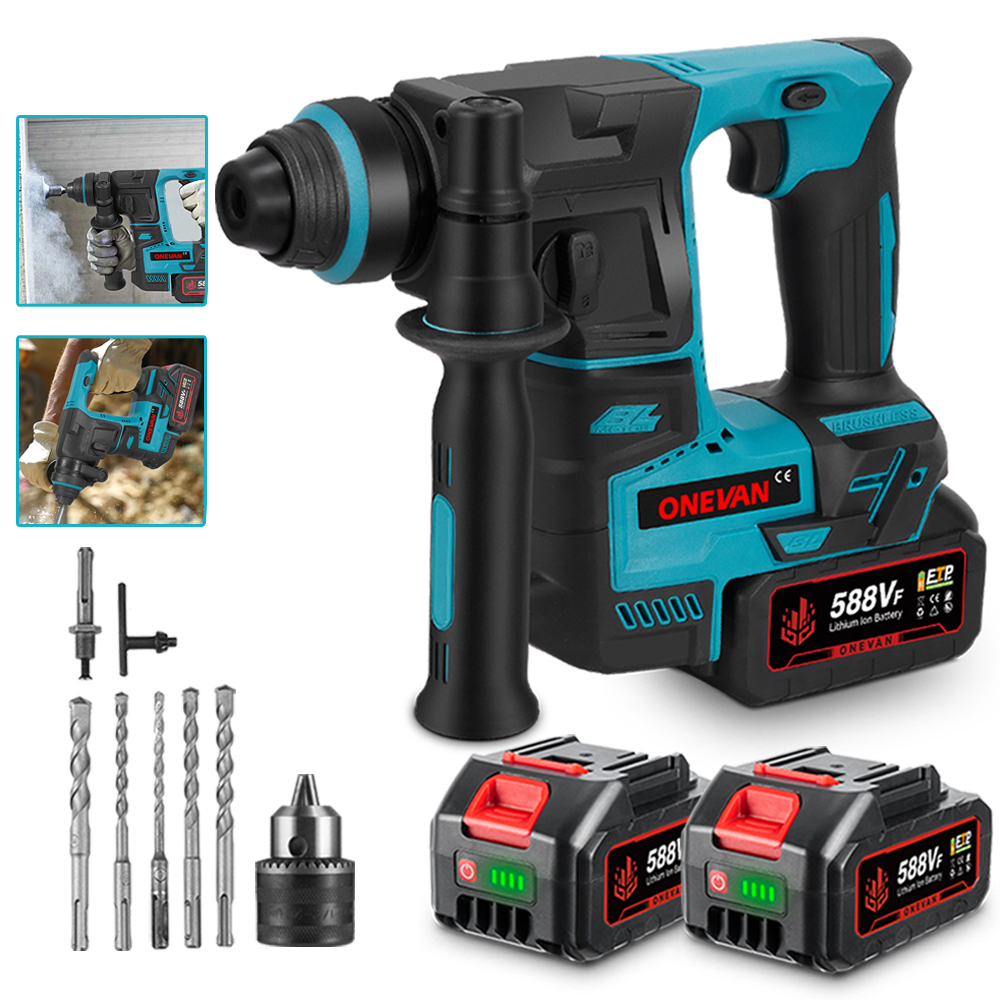 Ein blau-schwarzer ONEVAN-Bohrhammer mit zwei Akkus und Bohreinsätzen. Zwei kleinere Bilder zeigen die Bohrmaschine im Einsatz.