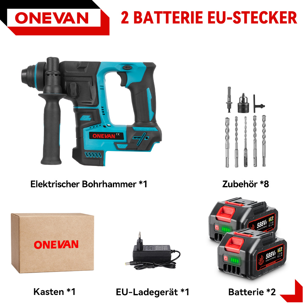 Ein Elektrowerkzeug-Set mit Bohrer, Zubehör, Batterien, Ladegerät und einer Box. Der Bohrer ist schwarz und blaugrün.