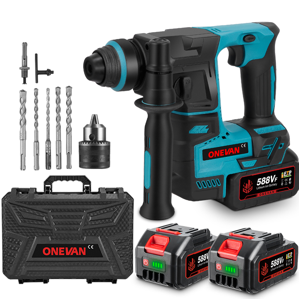 Ein teal-schwarzes ONEVAN-Bohrhammer-Kit. Enthält Bohrer, Ladegerät, Akkus und einen Tragekoffer.