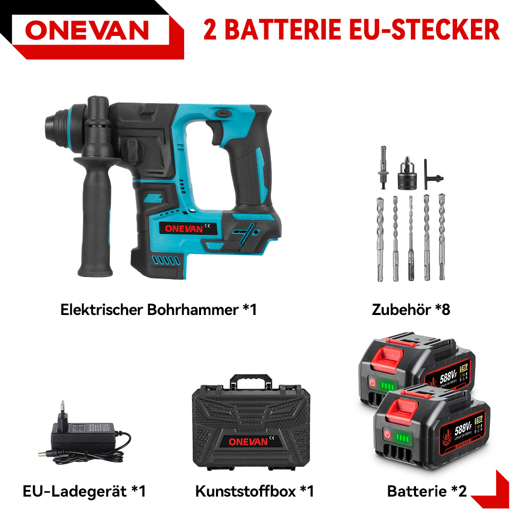 Das Bild zeigt ein Bohrmaschinen-Set mit Zubehör, Batterien, Ladegerät und einem Koffer. Der Bohrer ist schwarz und blaugrün.