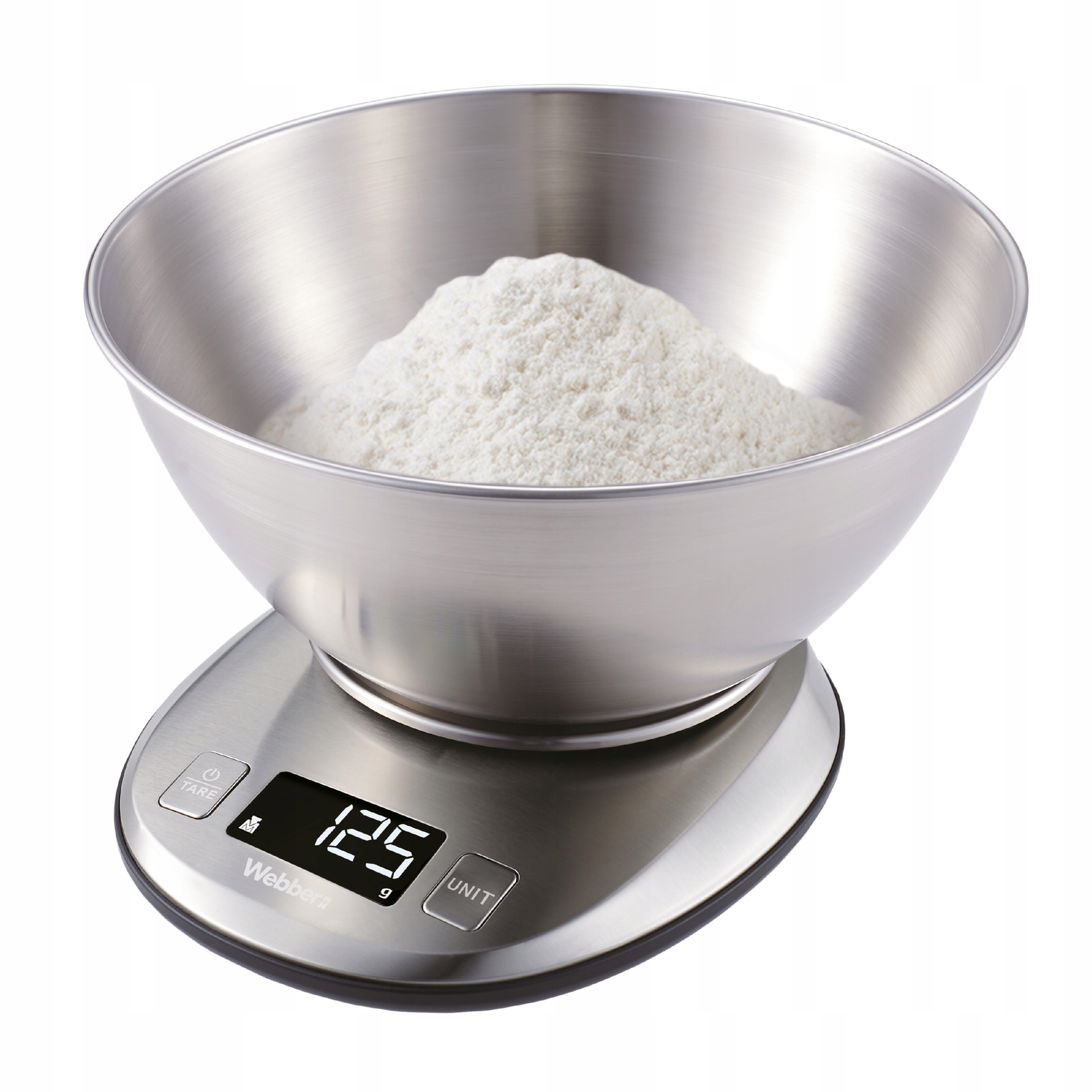Waga kuchenna ze stali nierdzewnej z miską zawierającą mąkę. Waga wyświetla 125g. Tło jest białe.