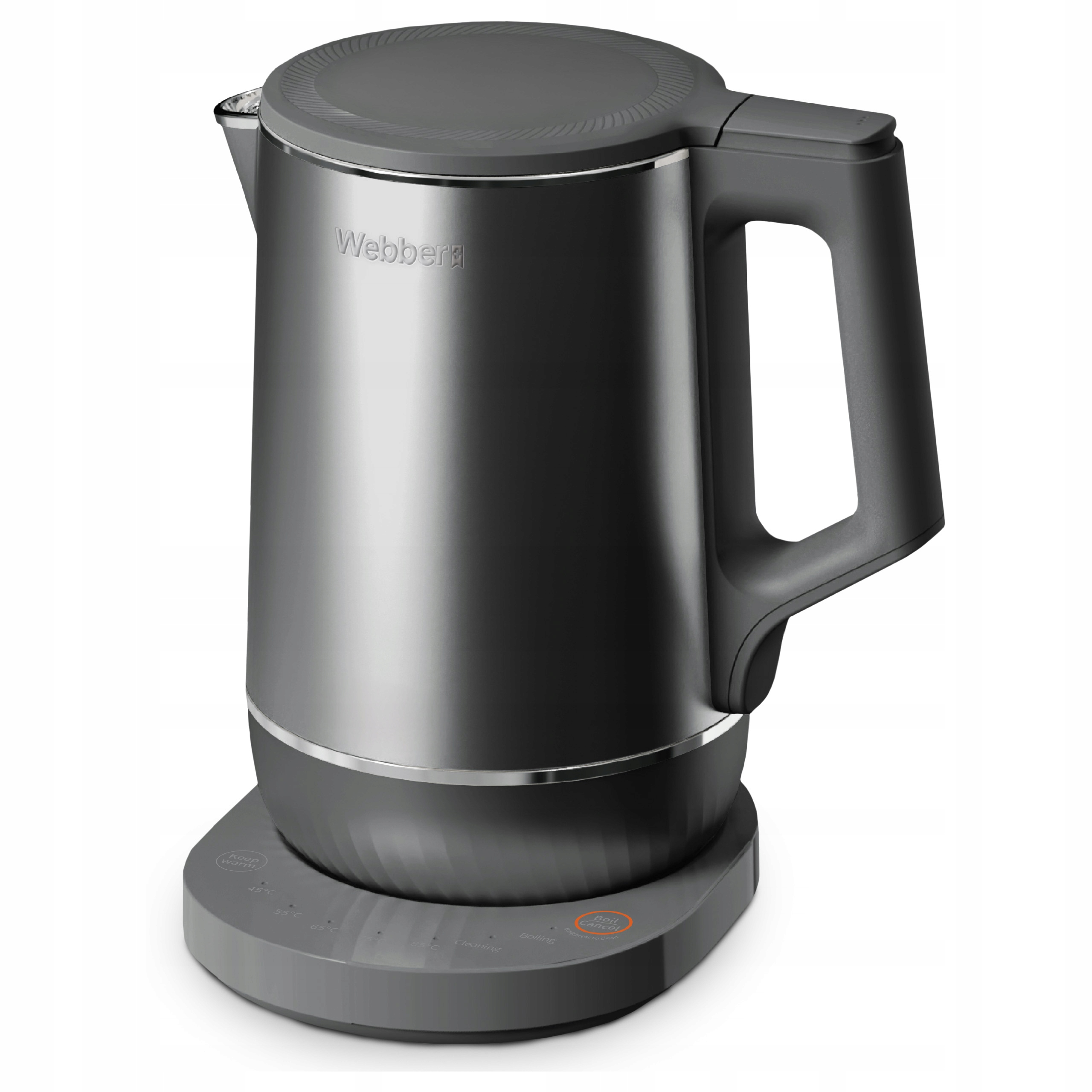 Szary czajnik elektryczny na szarej podstawie. Ma uchwyt, pokrywę i panel sterowania z przyciskami.