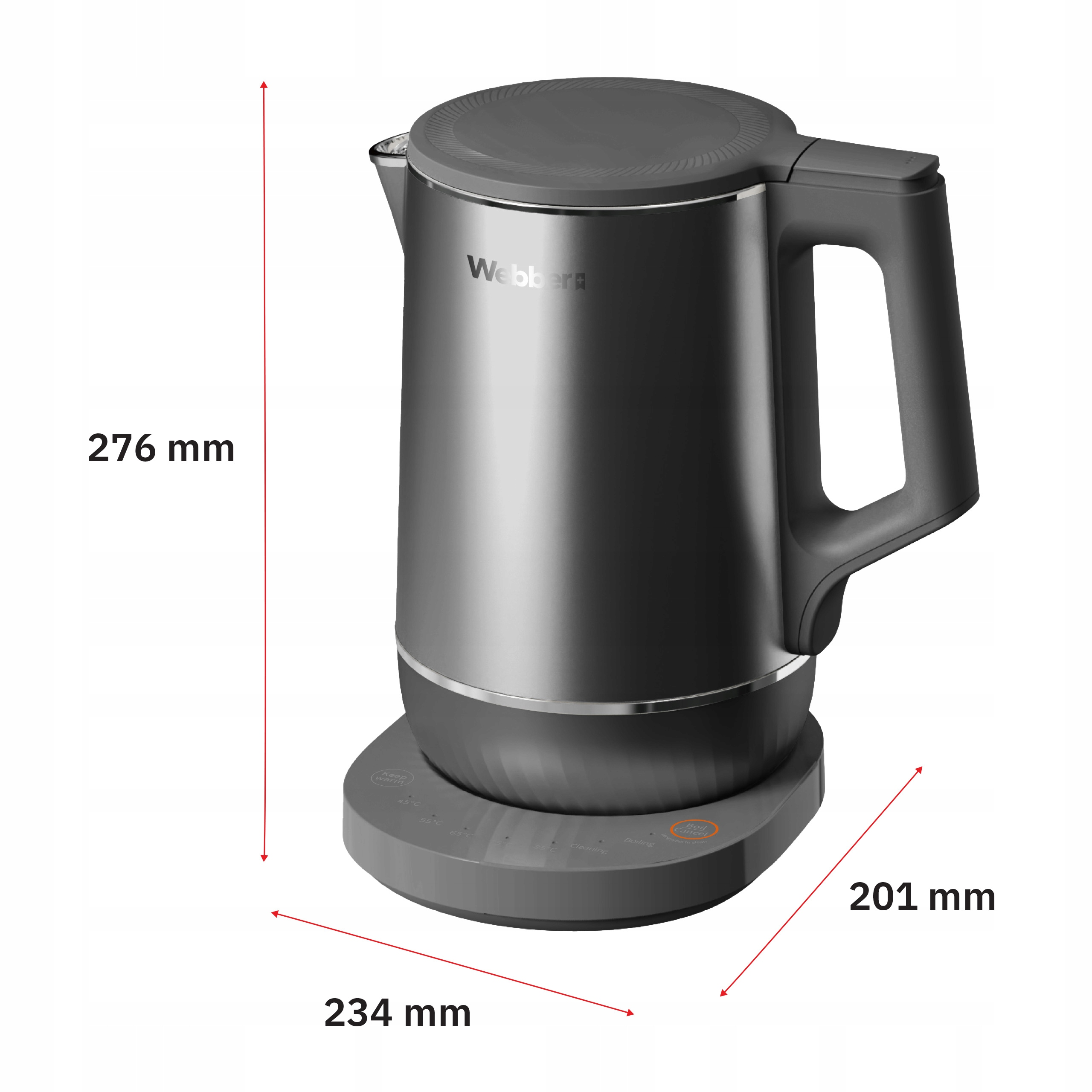 Szary czajnik elektryczny na szarej podstawie z wymiarami. Czajnik ma uchwyt i pokrywę.
