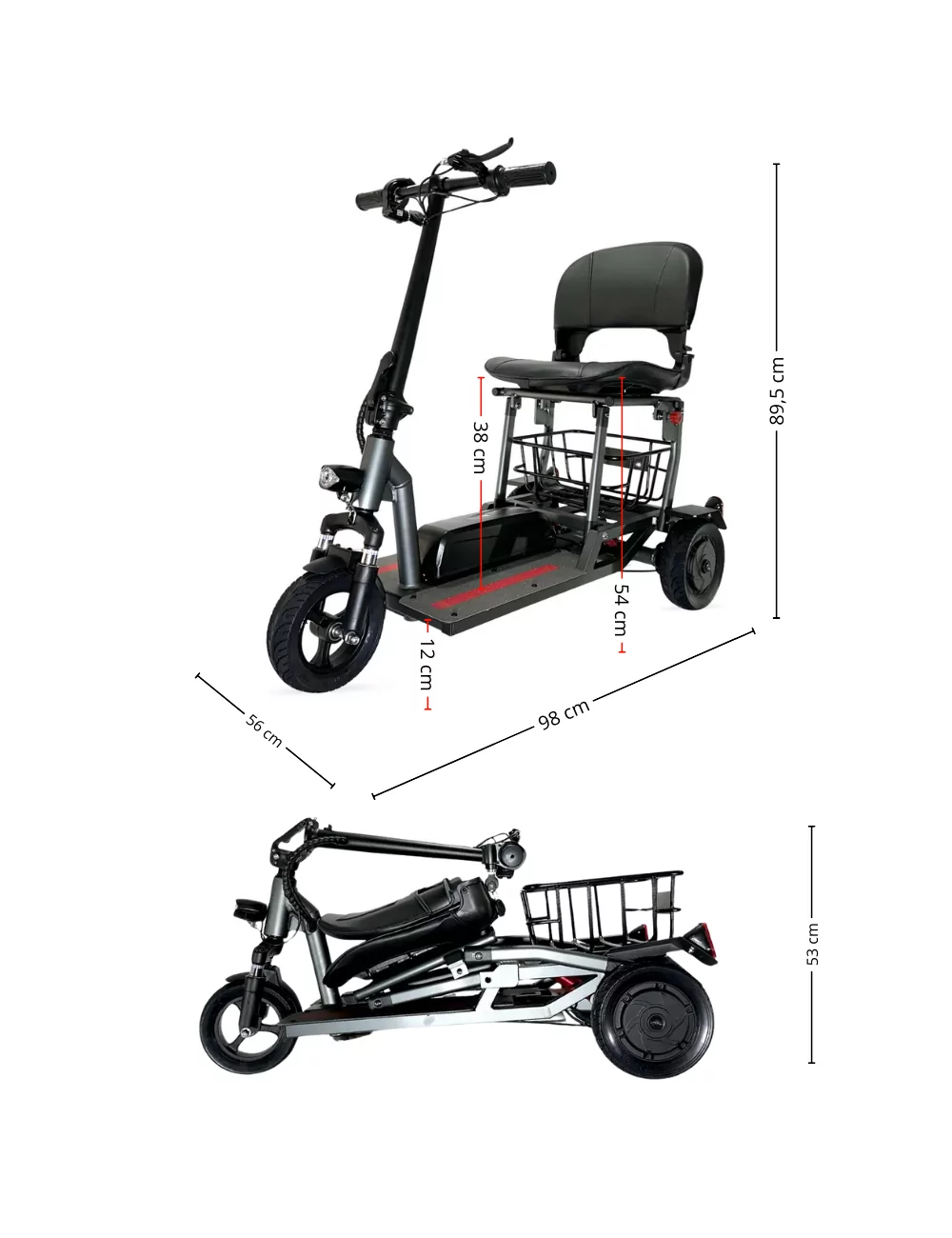 Un scooter eléctrico con asiento y cesta. Es gris y negro, con dimensiones indicadas. Abajo se muestra un scooter plegado.