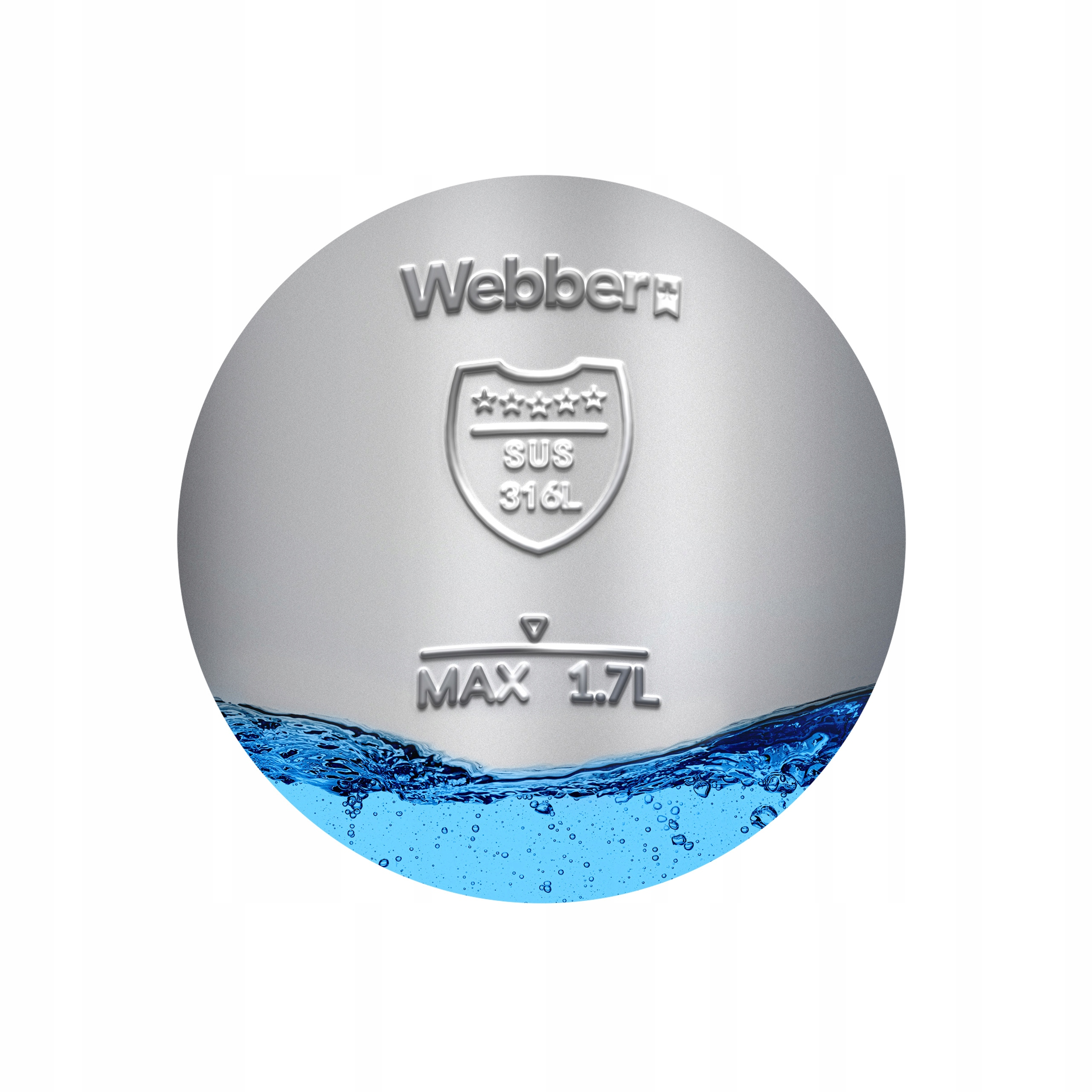 Zbliżenie srebrnego okręgu z tekstem i niebieską wodą. Tekst brzmi Webber, SUS 316L i MAX 1.7L.