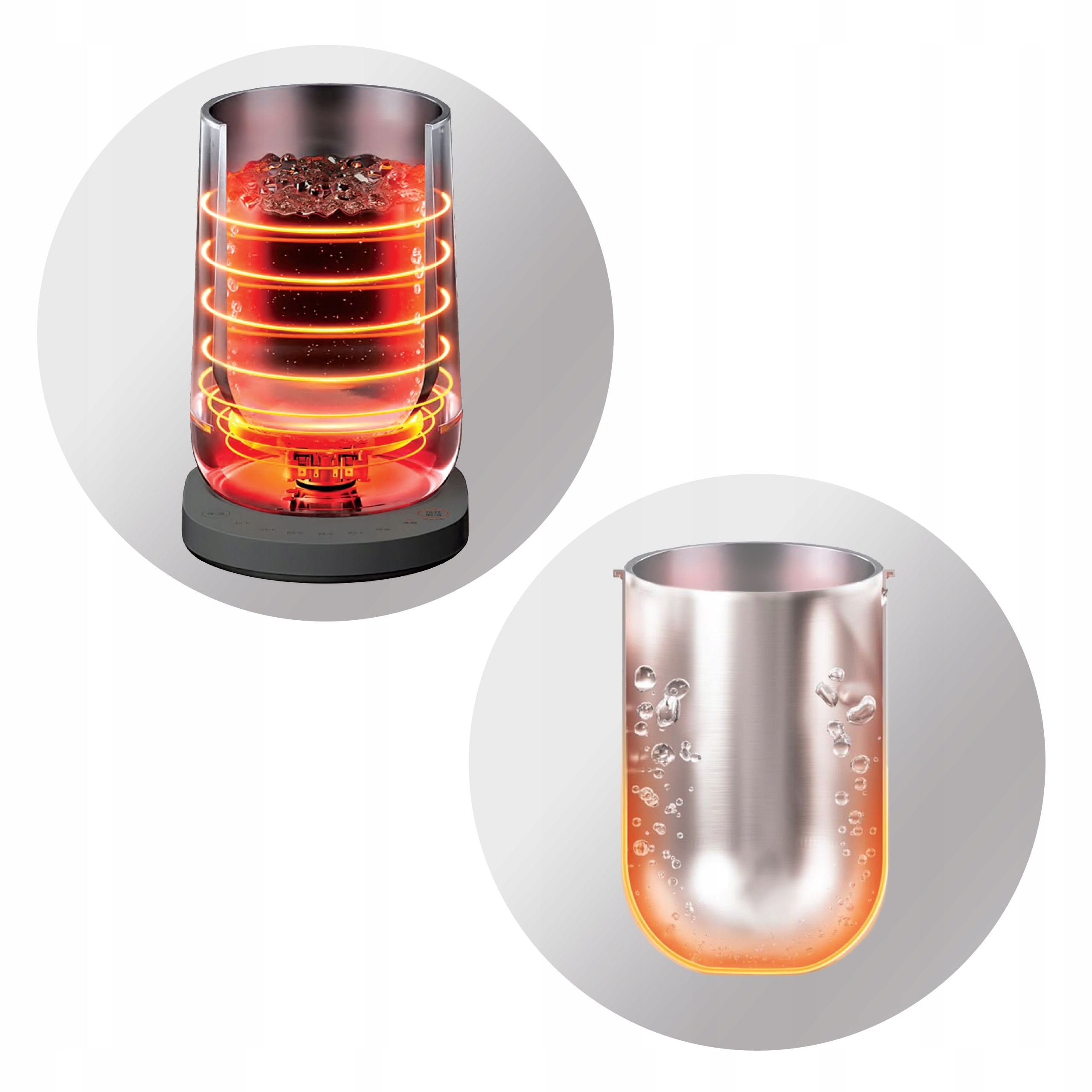 Dwa szklane pojemniki, jeden z podgrzaną zawartością, drugi pusty, oba w okrągłych ramach, na białym tle.