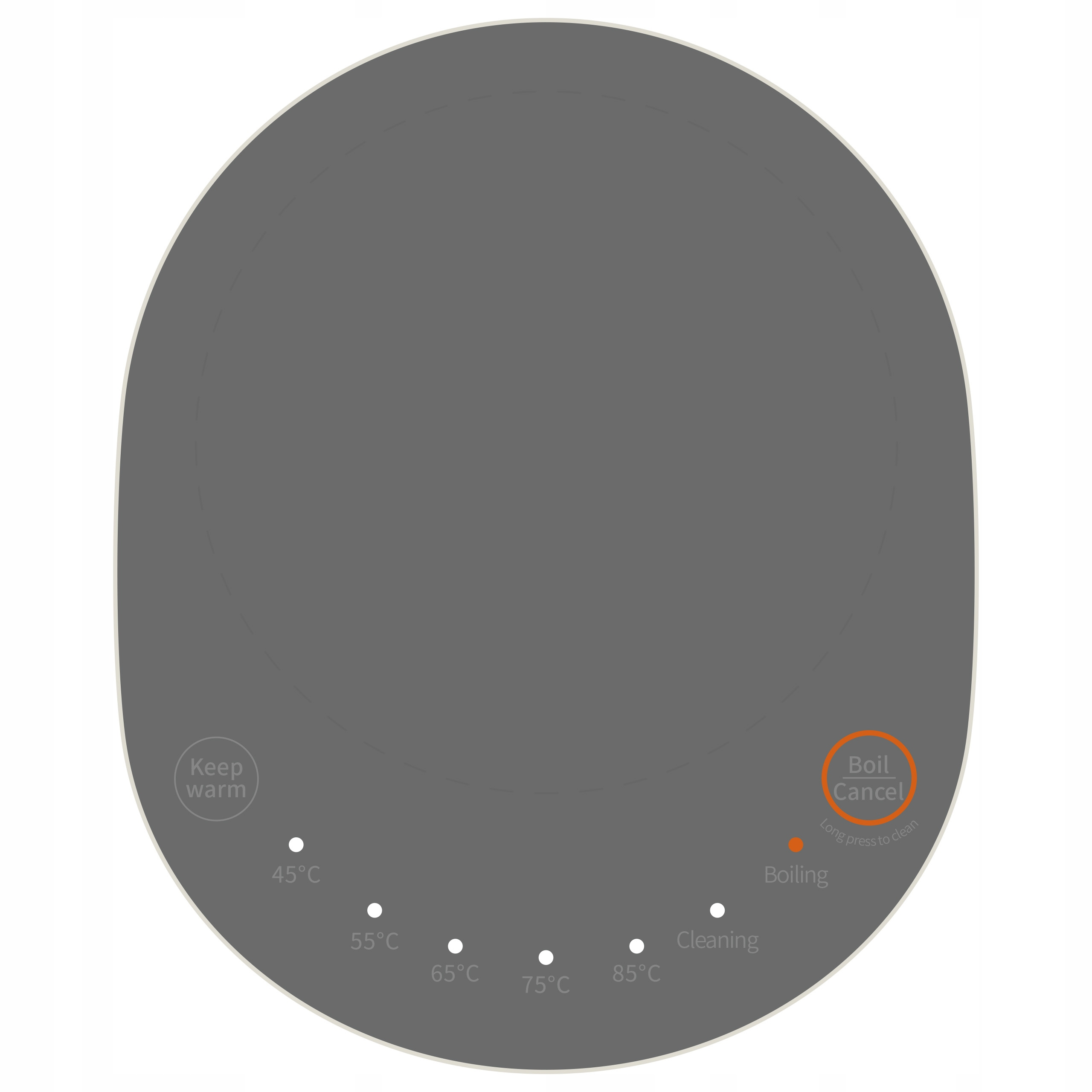 Szary panel sterowania z ustawieniami temperatury i przyciskami funkcyjnymi, jak 'Gotuj' i 'Utrzymuj ciepło'.