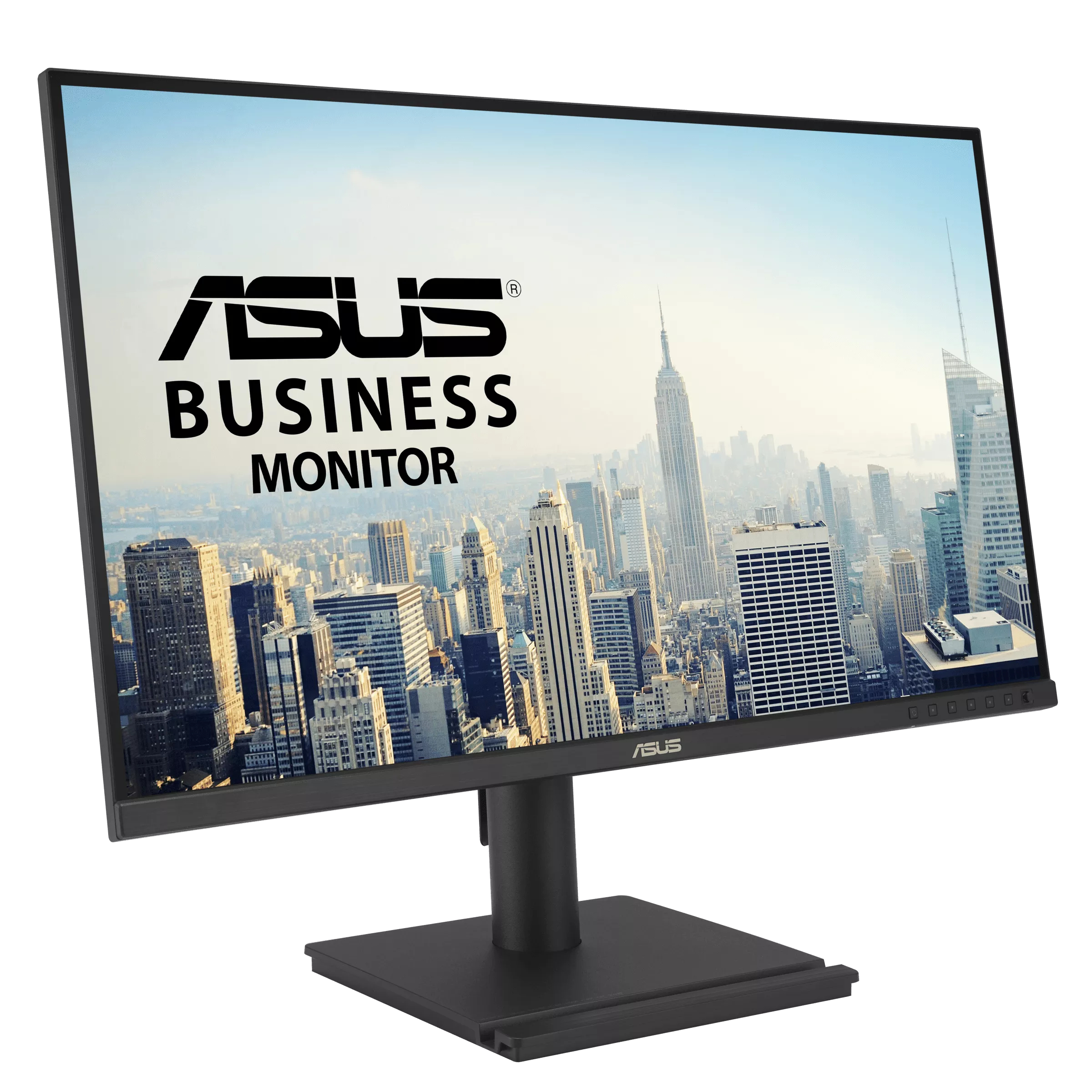 An ASUS Business Monitor displays a cityscape. The screen shows the ASUS logo and text. The monitor is black.