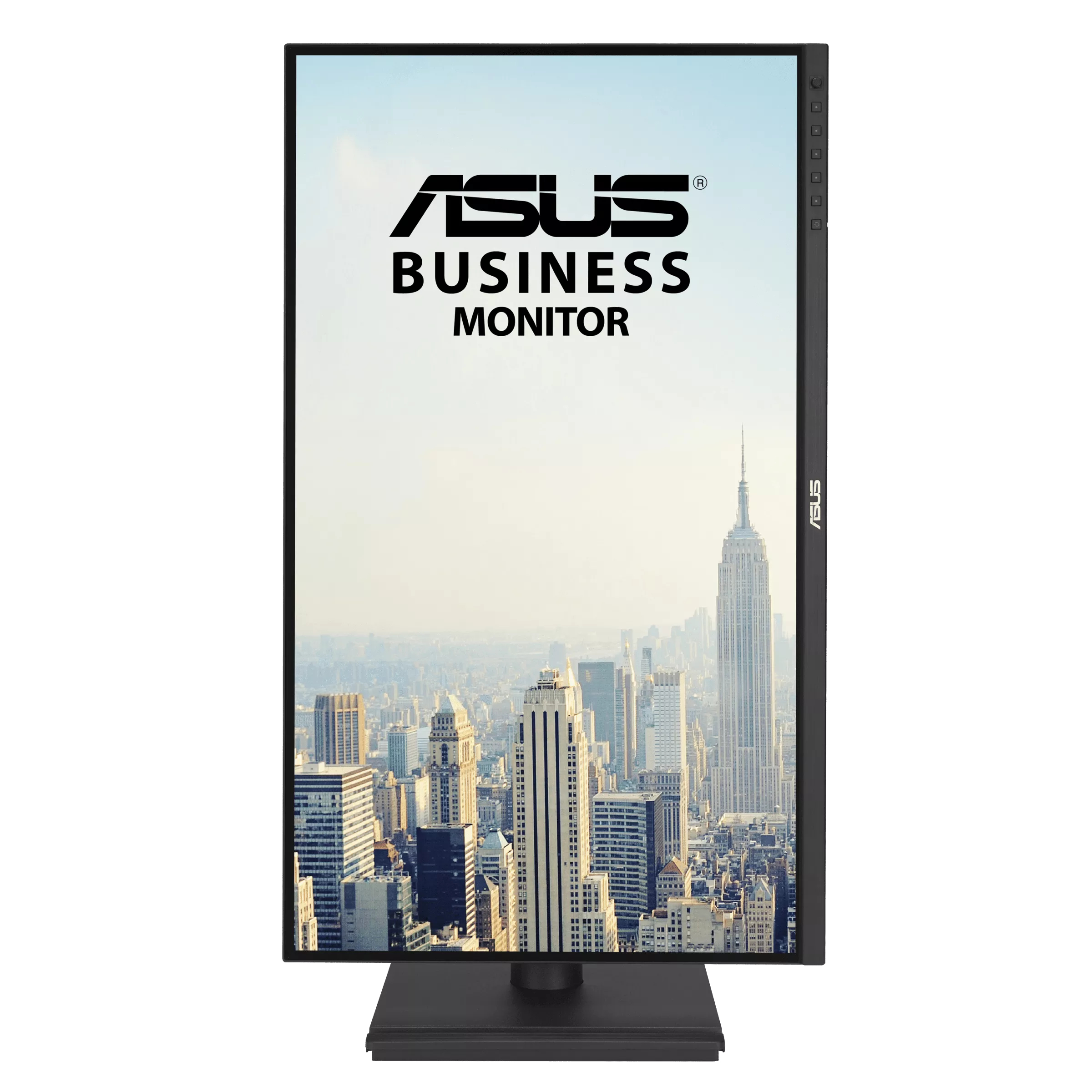 An ASUS Business Monitor displays a city skyline. The screen shows the ASUS logo and text. The monitor is black.