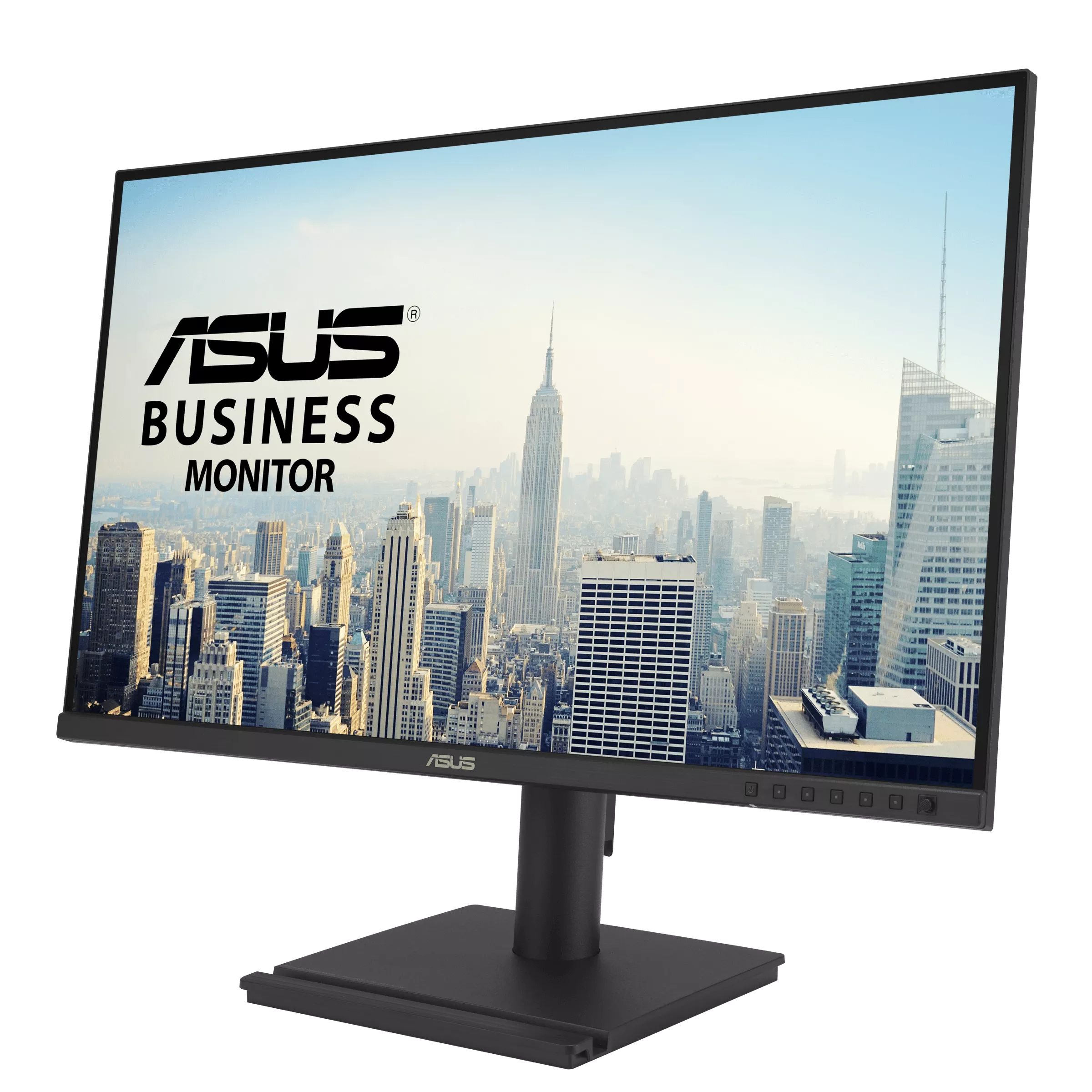 A computer monitor displays a cityscape. The monitor is black with the ASUS logo. The city has tall buildings.