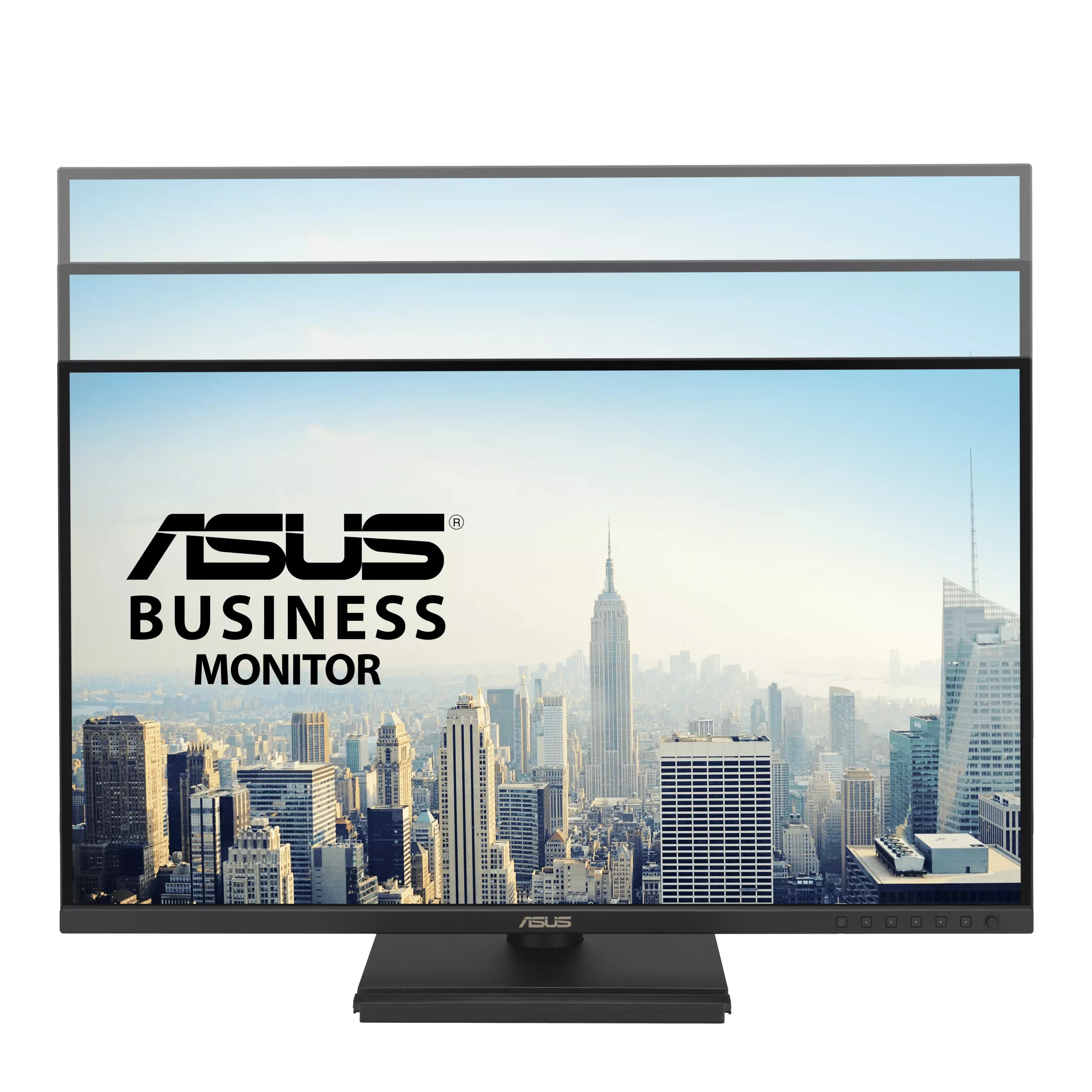 An ASUS business monitor displays a cityscape. The screen shows the ASUS logo and text, with the Empire State Building.