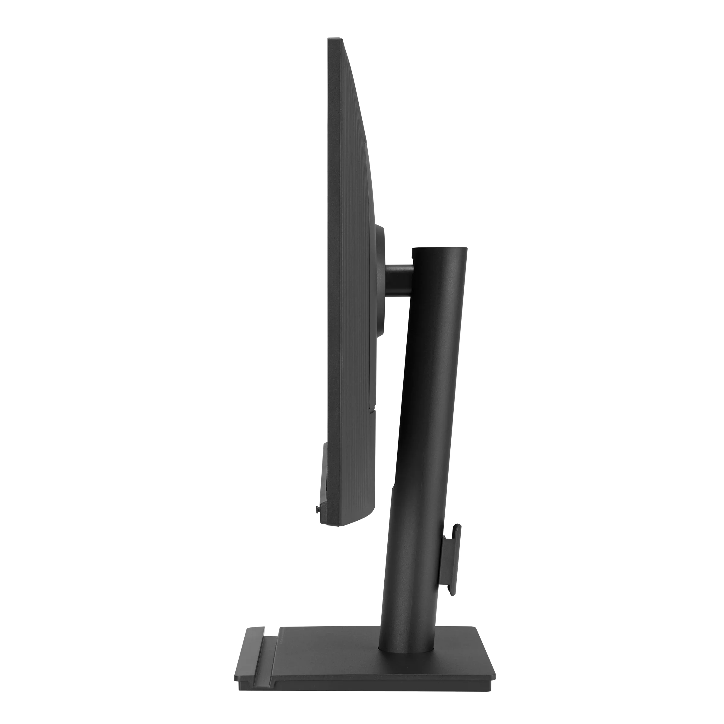 Side view of a black computer monitor. It has a stand and a rectangular base. The background is white.