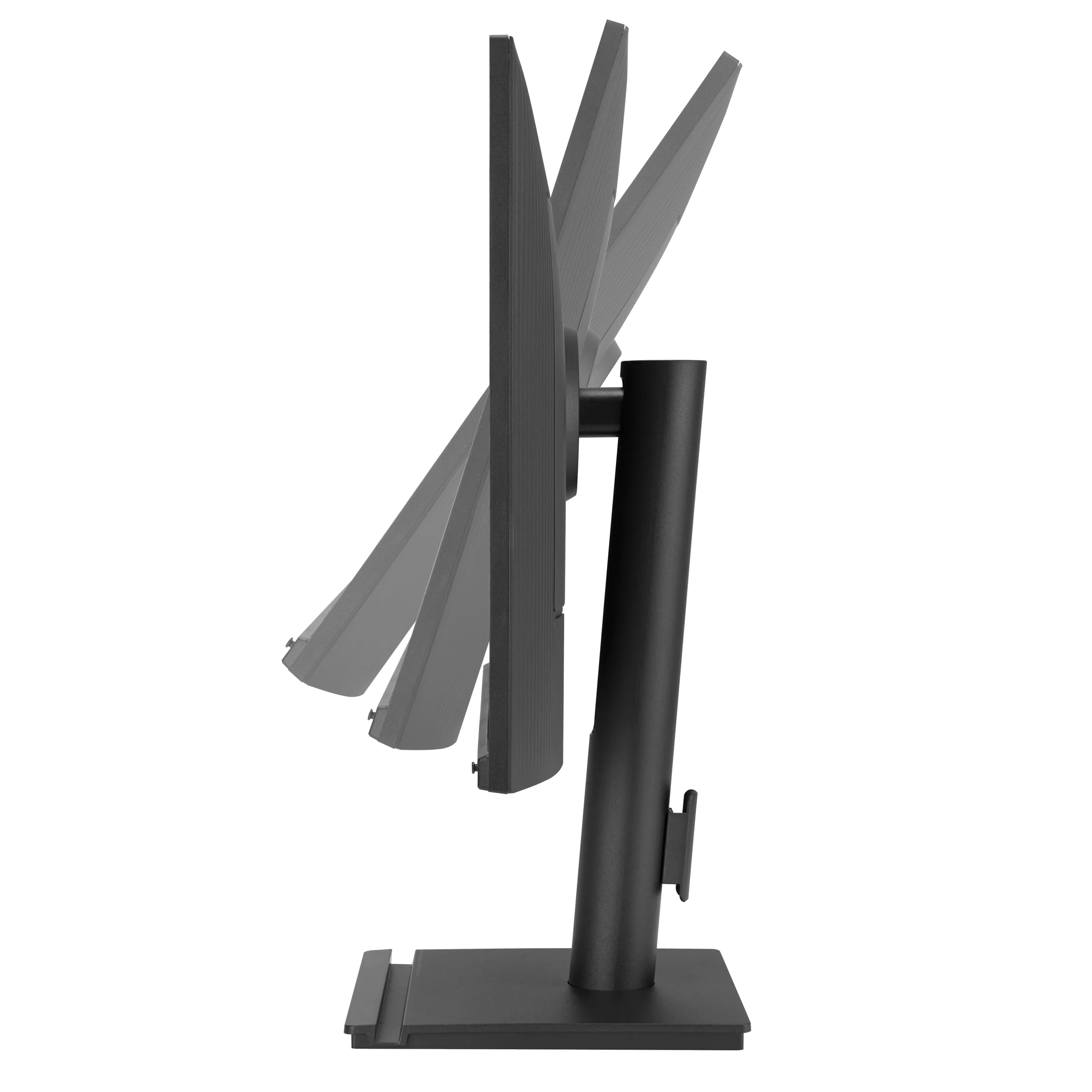 A black monitor is shown in side view, with three tilted screen positions. The monitor has a black stand.