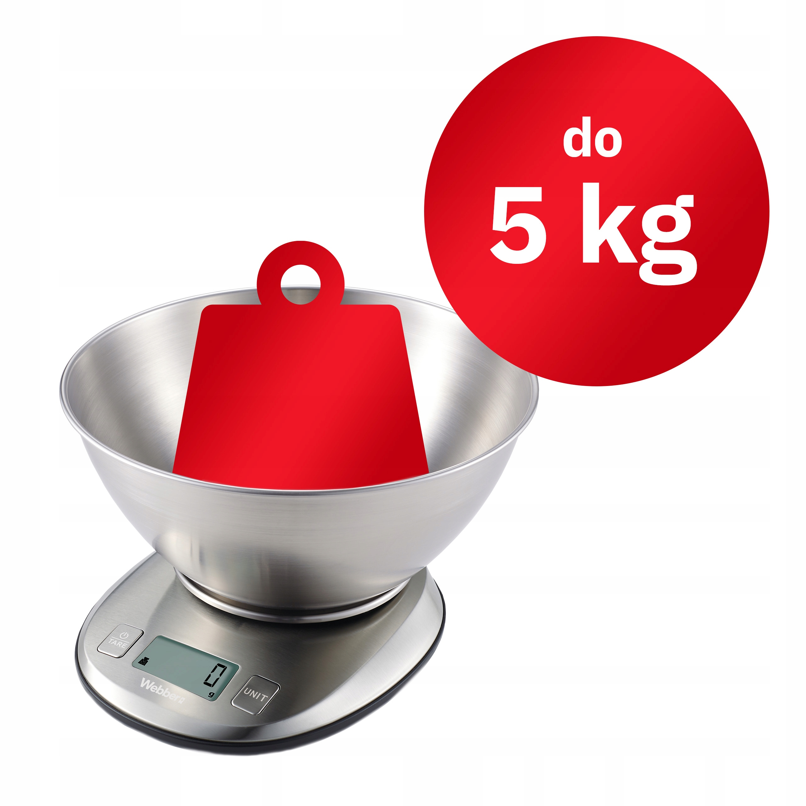 Waga kuchenna z miską ma w środku czerwony prostokąt. Czerwone koło wyświetla 'do 5 kg'.