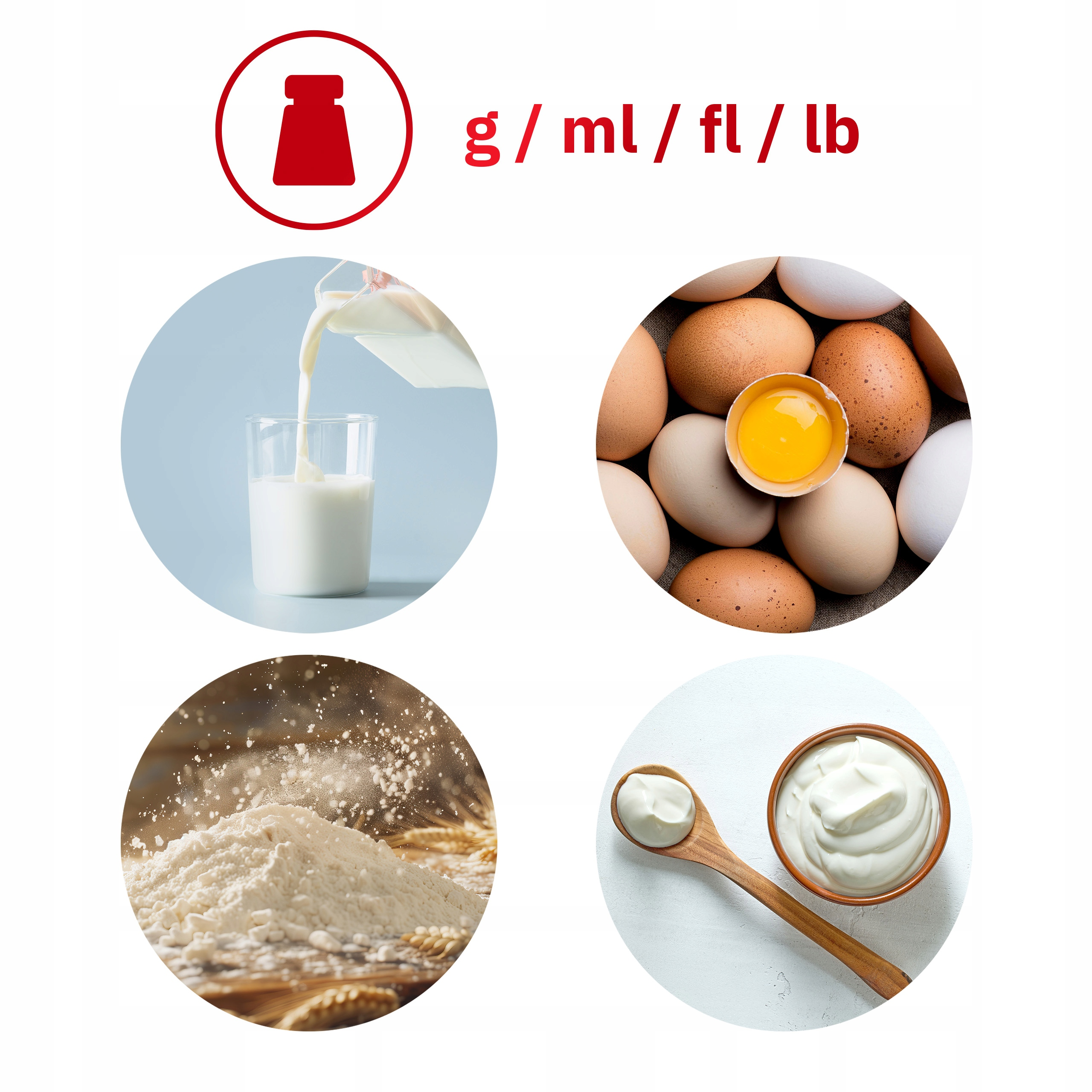 Obraz ze składnikami: mleko, jajka, mąka i jogurt. U góry czerwone koło z symbolem i tekstem.