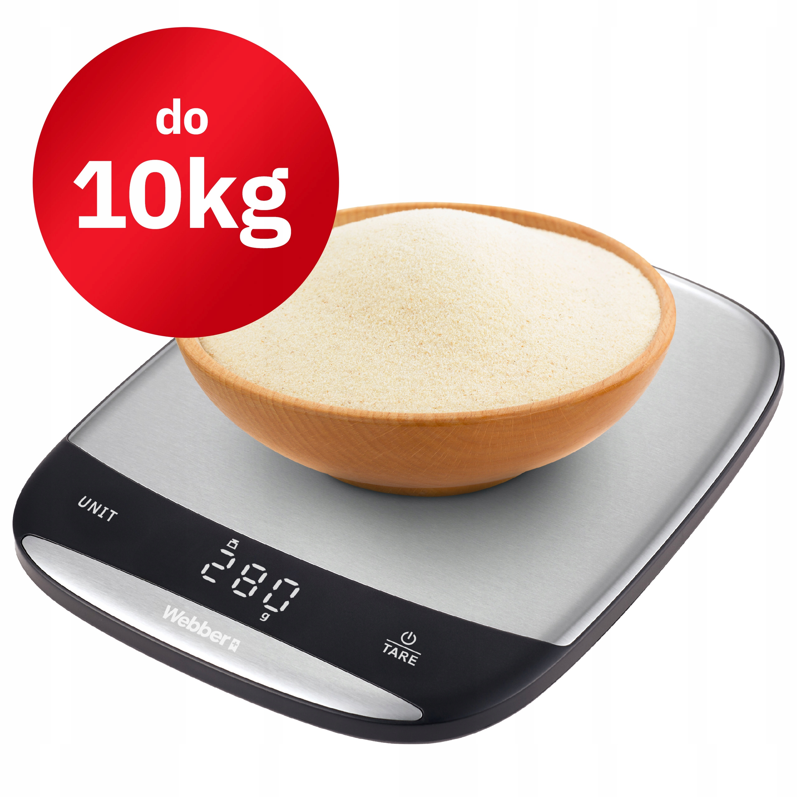 Waga kuchenna z mąką w drewnianej misce. Czerwone koło pokazuje 'do 10kg'. Waga wskazuje '280g'.