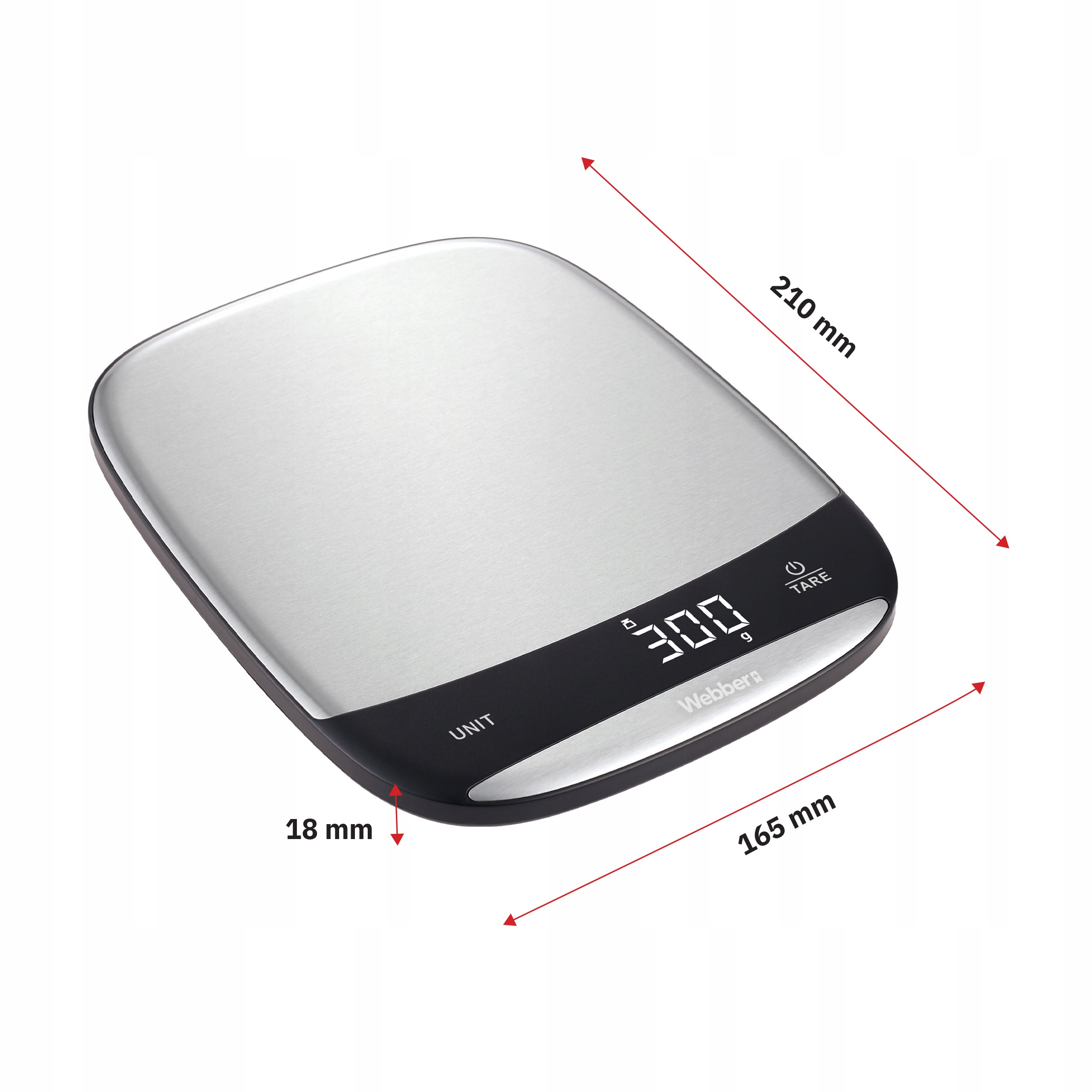 Srebrna waga kuchenna z czarnym wyświetlaczem pokazującym 300g. Wymiary: 210x165x18mm. Marka to Webber.