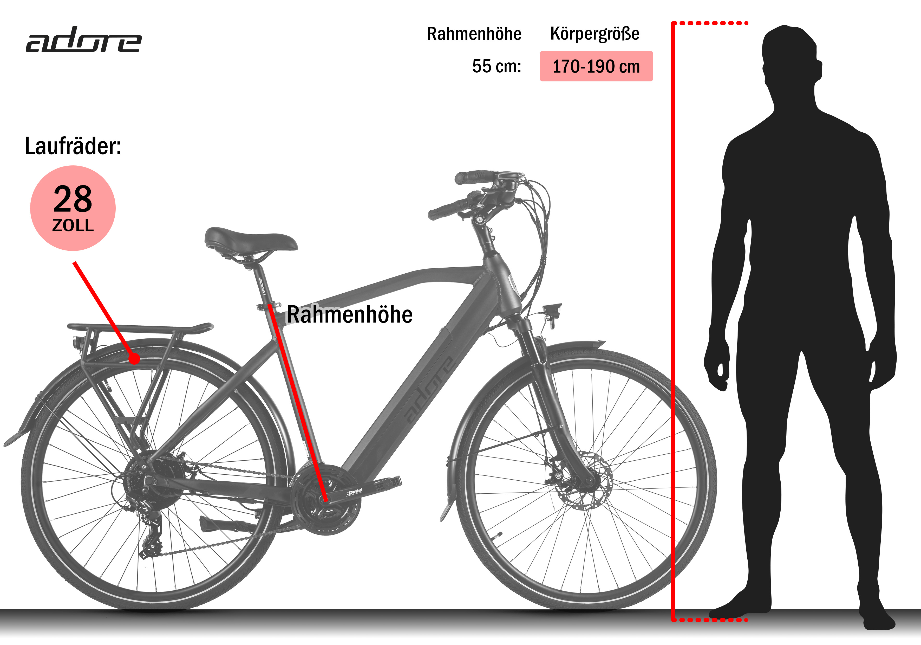Ein Fahrrad mit 28-Zoll-Rädern, Rahmenhöhe 55 cm und einer Silhouette mit einer Körpergröße von 170-190 cm.