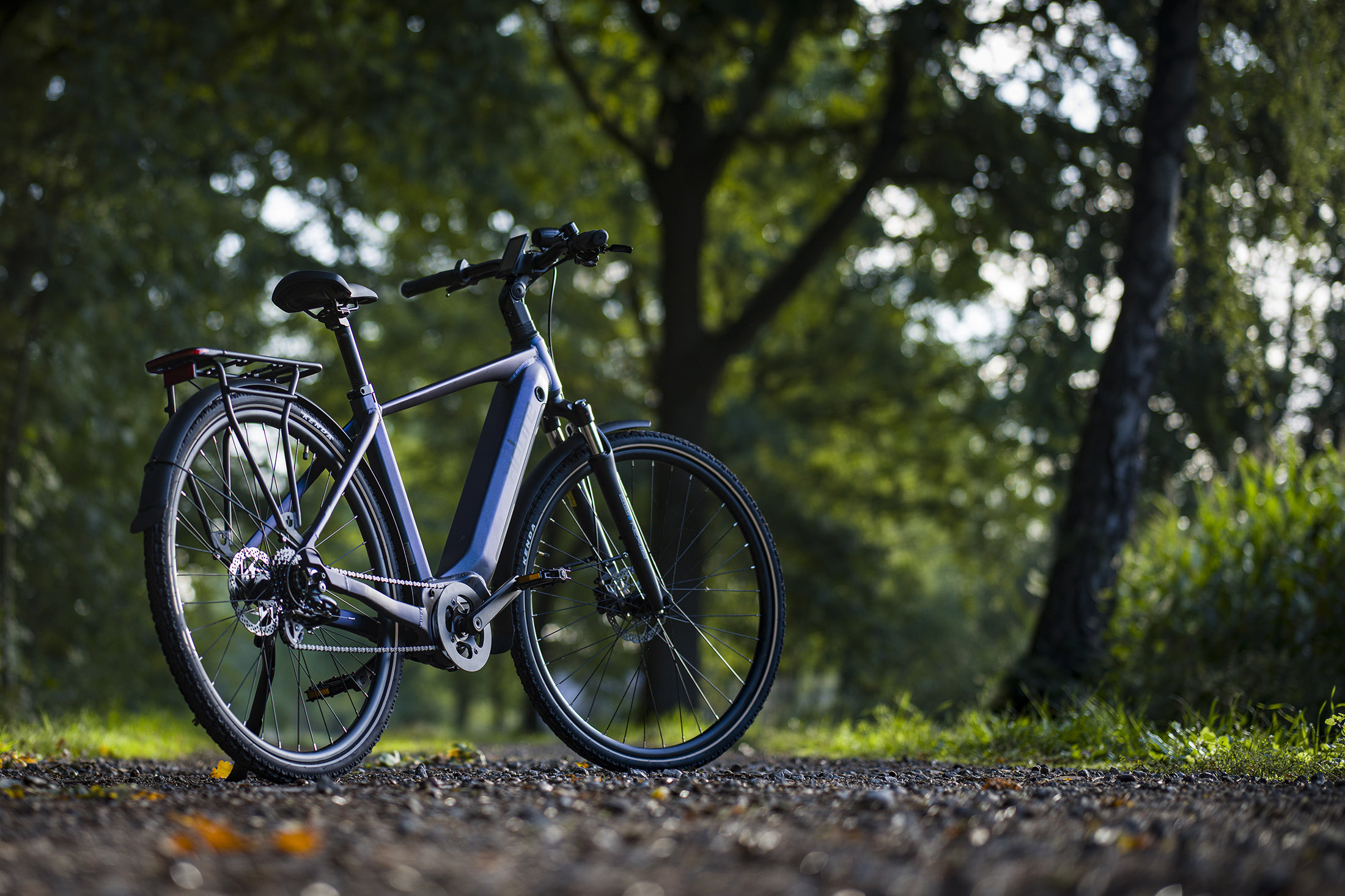 Ein Elektrofahrrad auf einem Schotterweg, Bäume im Hintergrund. Das Fahrrad ist dunkelblau und schwarz, mit grünen Akzenten.