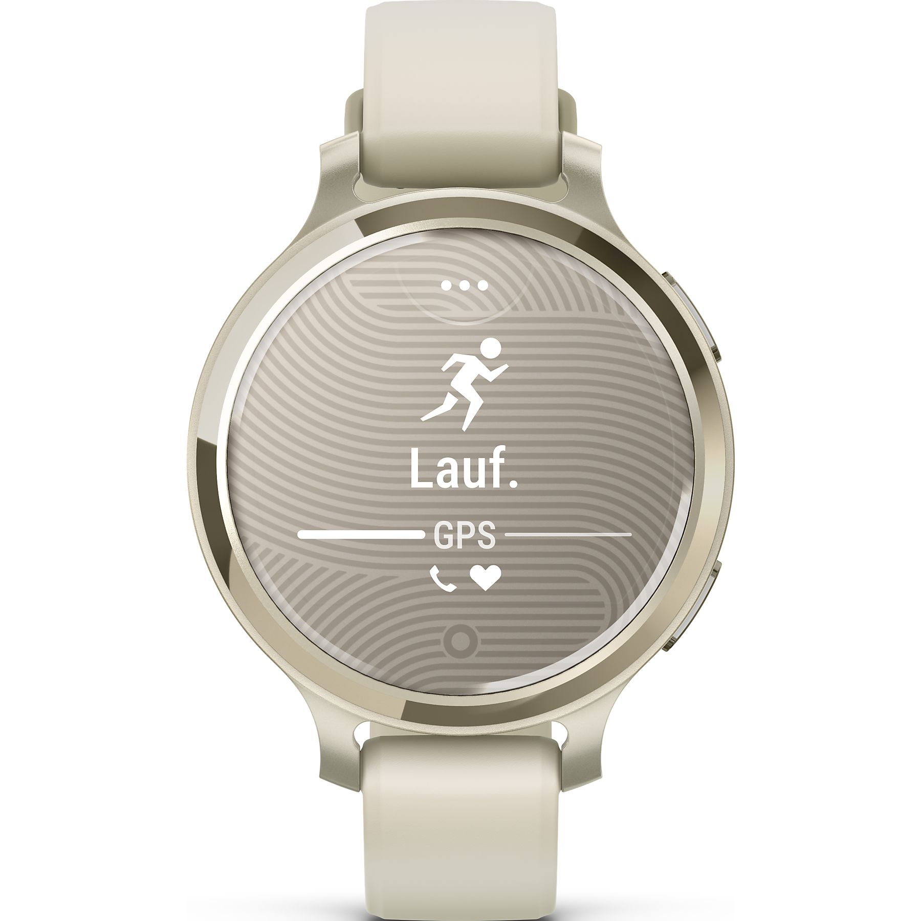 Eine beige Smartwatch zeigt ein Laufsymbol, GPS und ein Herz. Die Uhr hat ein beiges Armband und eine metallische Lünette.