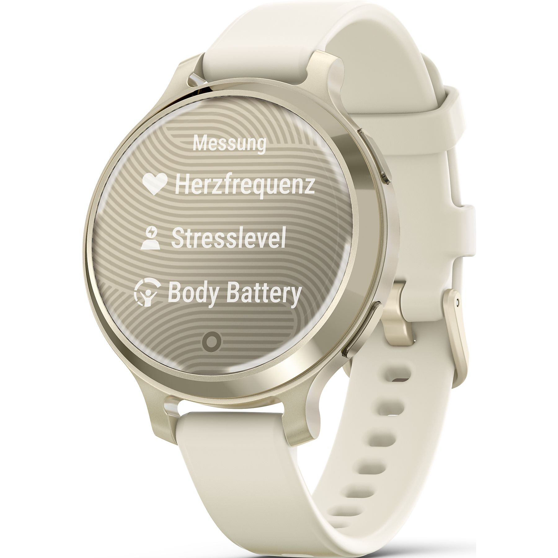 Cremefarbene Smartwatch mit weißem Armband. Zeigt 'Messung', 'Herzfrequenz', 'Stresslevel' und 'Body Battery'.