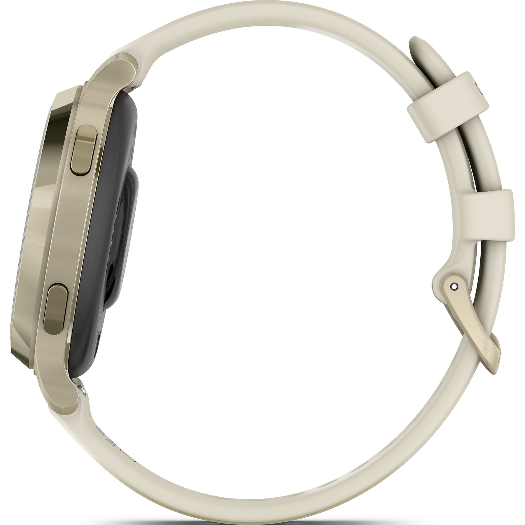 Seitenansicht einer Smartwatch. Sie hat ein goldfarbenes Gehäuse, einen schwarzen Bildschirm und ein cremefarbenes Armband.
