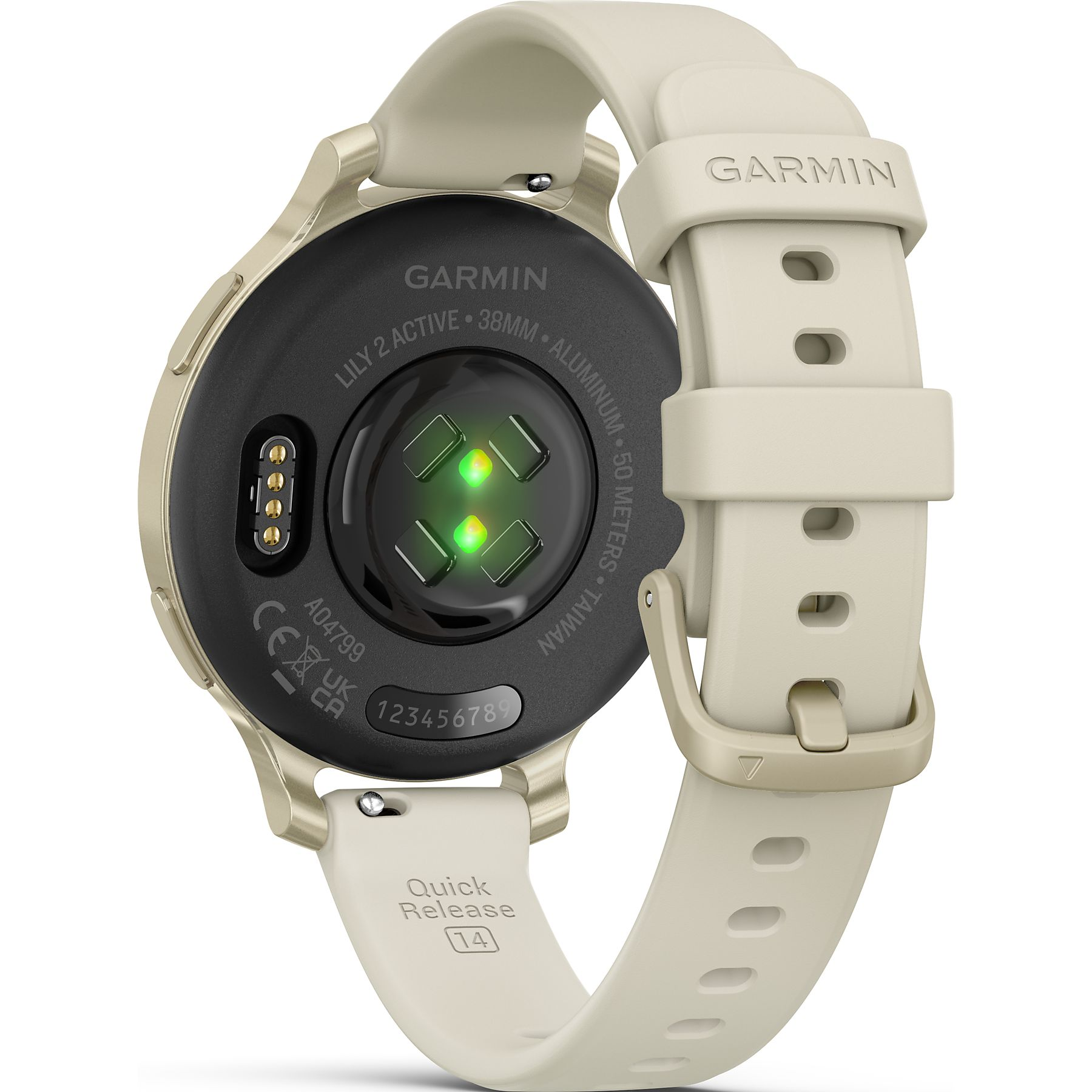 Garmin Lily 2 Active Smartwatch, beiges Armband und Gehäuse. Rückansicht zeigt Sensoren, Modellinfo und Banddetails.