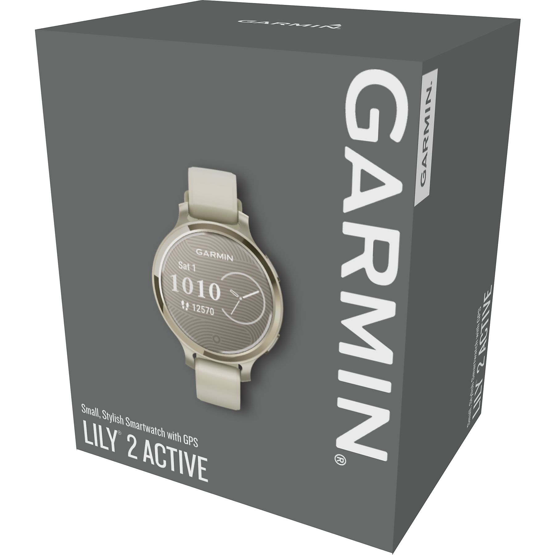 Eine Garmin Lily 2 Active Smartwatch wird auf einer grauen Box angezeigt. Das Zifferblatt zeigt die Uhrzeit an. Auf der Box stehen 'GARMIN' und 'LILY 2 ACTIVE'.