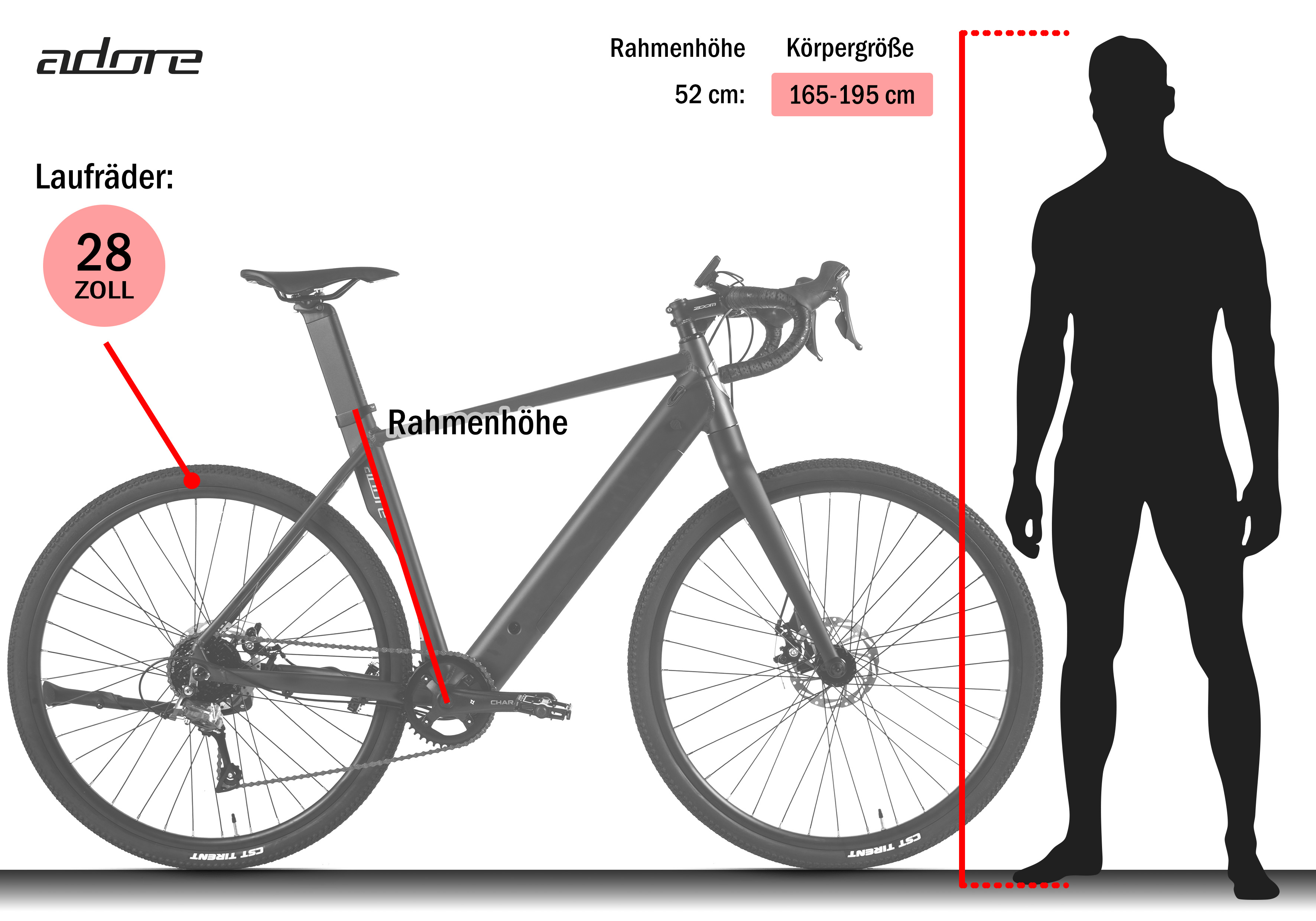 Ein Fahrrad mit Maßen und einer menschlichen Silhouette. Rahmenhöhe 52 cm, passend für 165-195 cm. Radgröße ist 28 Zoll.