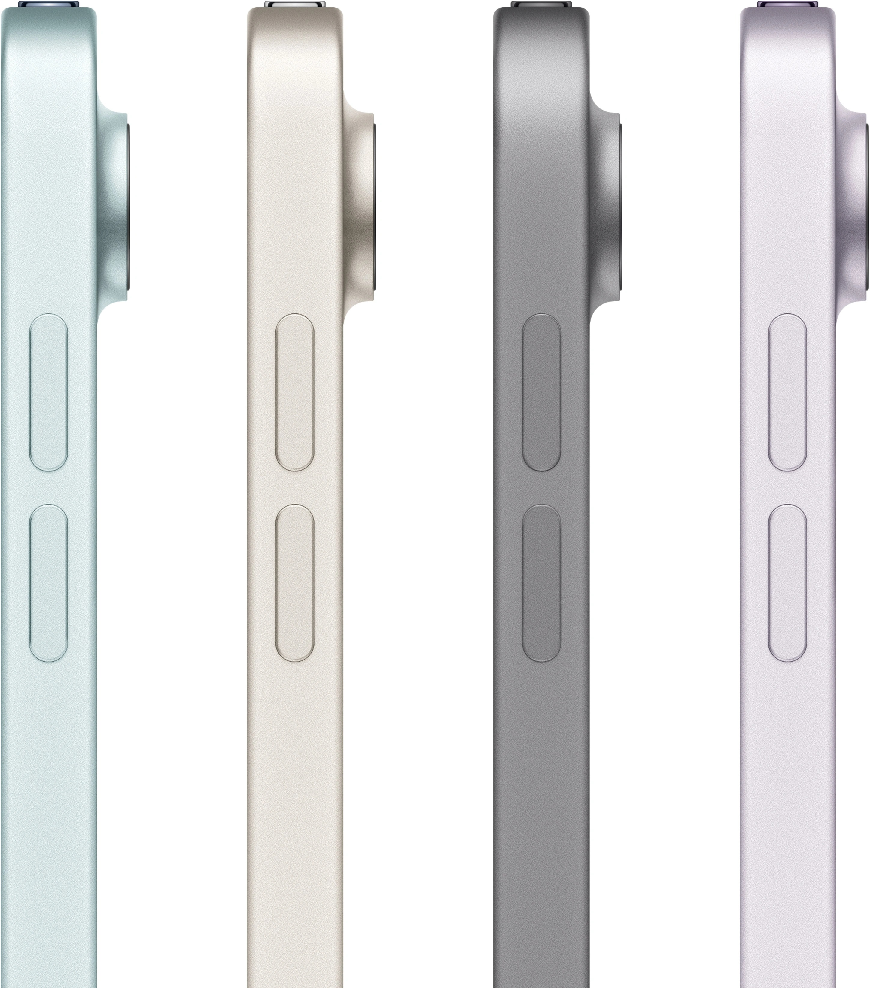 Quattro lati colorati di tablet: azzurro, beige, grigio e lavanda. Ogni lato mostra pulsanti volume e una fotocamera.