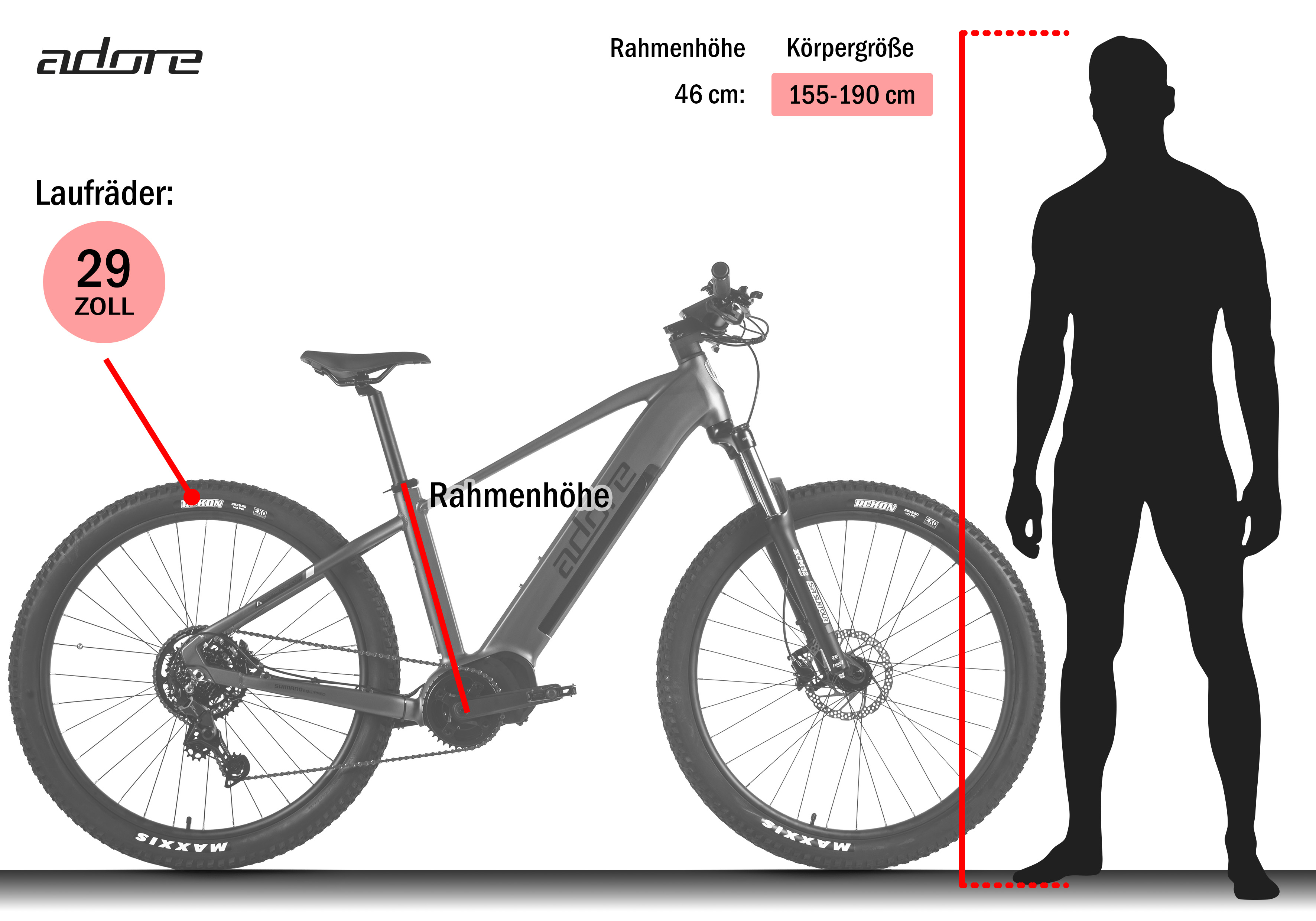 Graues Mountainbike mit schwarzen Reifen und eine Männersilhouette rechts, mit Größenangaben.