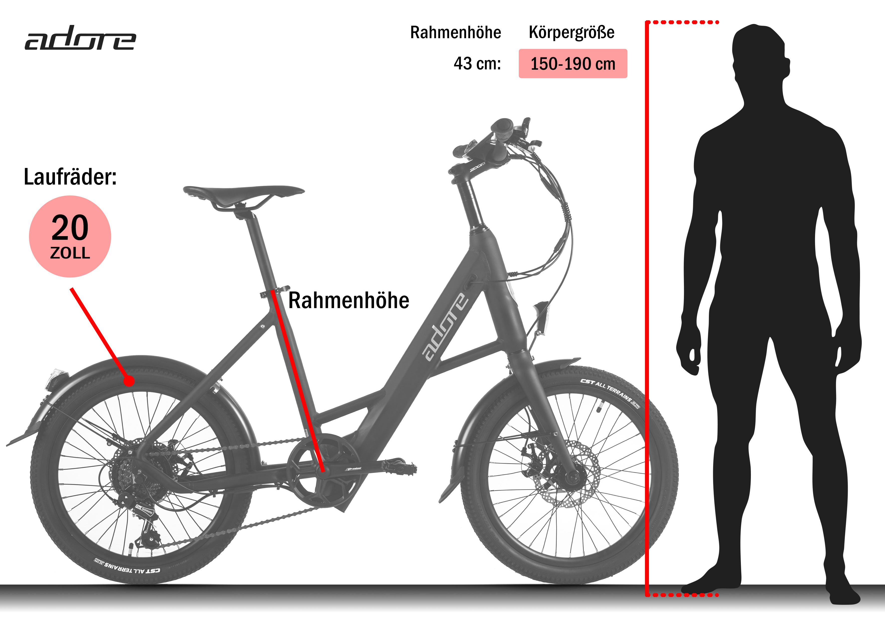 Schwarzes Elektrofahrrad mit Personensilhouette daneben. Text enthält Radgröße und Höhenbereich.