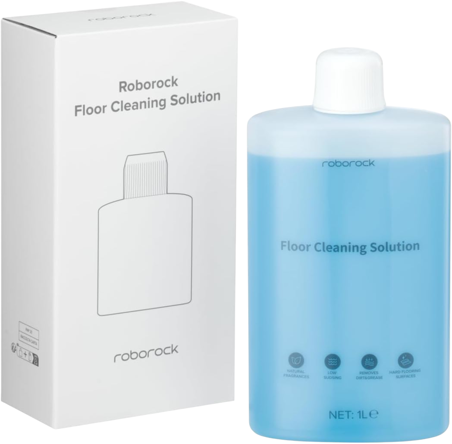 Eine weiße Schachtel und eine Flasche mit blauer Flüssigkeit. Beide haben Roborock und 'Floor Cleaning Solution' aufgedruckt. Die Flasche ist 1L.