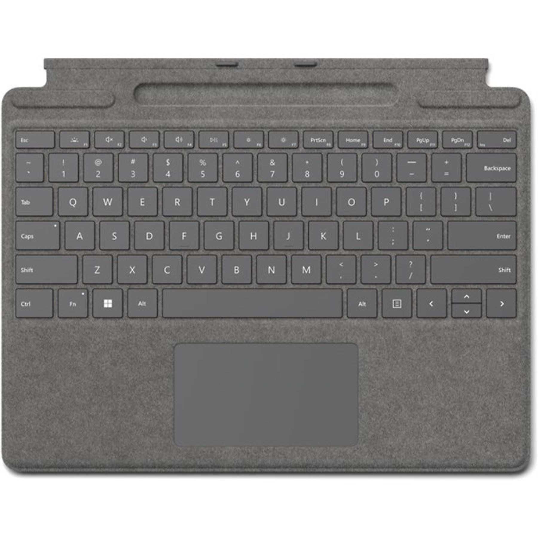 Una tastiera grigia con tasti e un touchpad. La tastiera ha lettere, numeri e simboli.