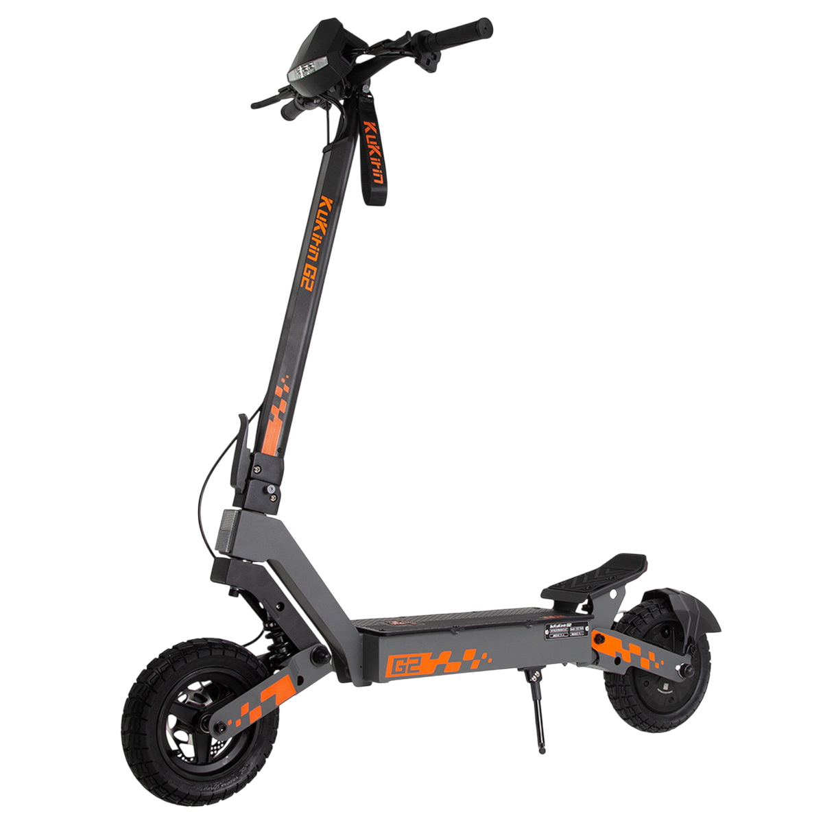 Ein Elektroroller mit grauen und orangefarbenen Akzenten. Der Roller steht auf schwarzem Hintergrund. Die Marke ist KUKIRIN G2.