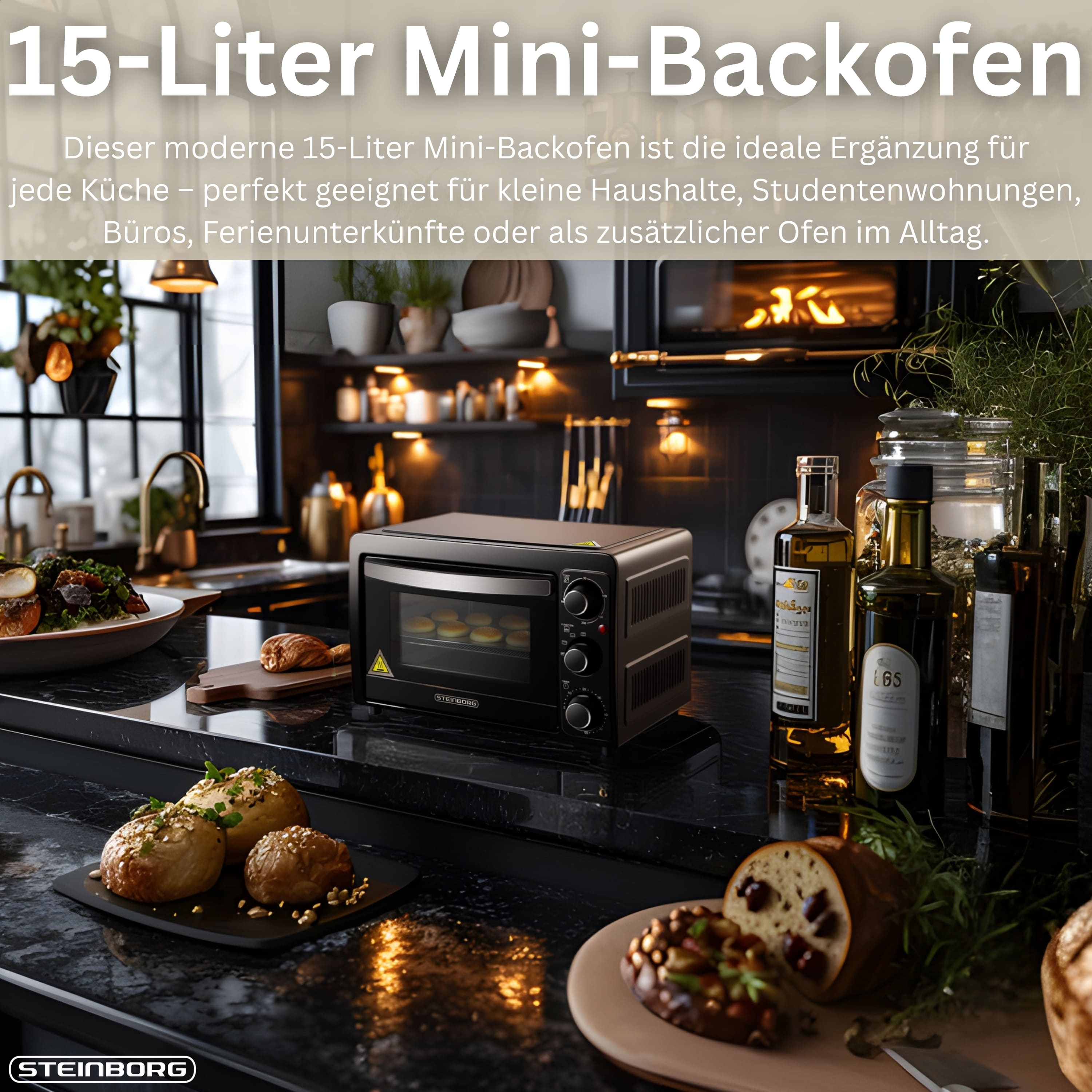 Ein Mini-Backofen auf einer Küchentheke. Essen liegt auf der Theke. Ölflaschen stehen hinter dem Ofen.