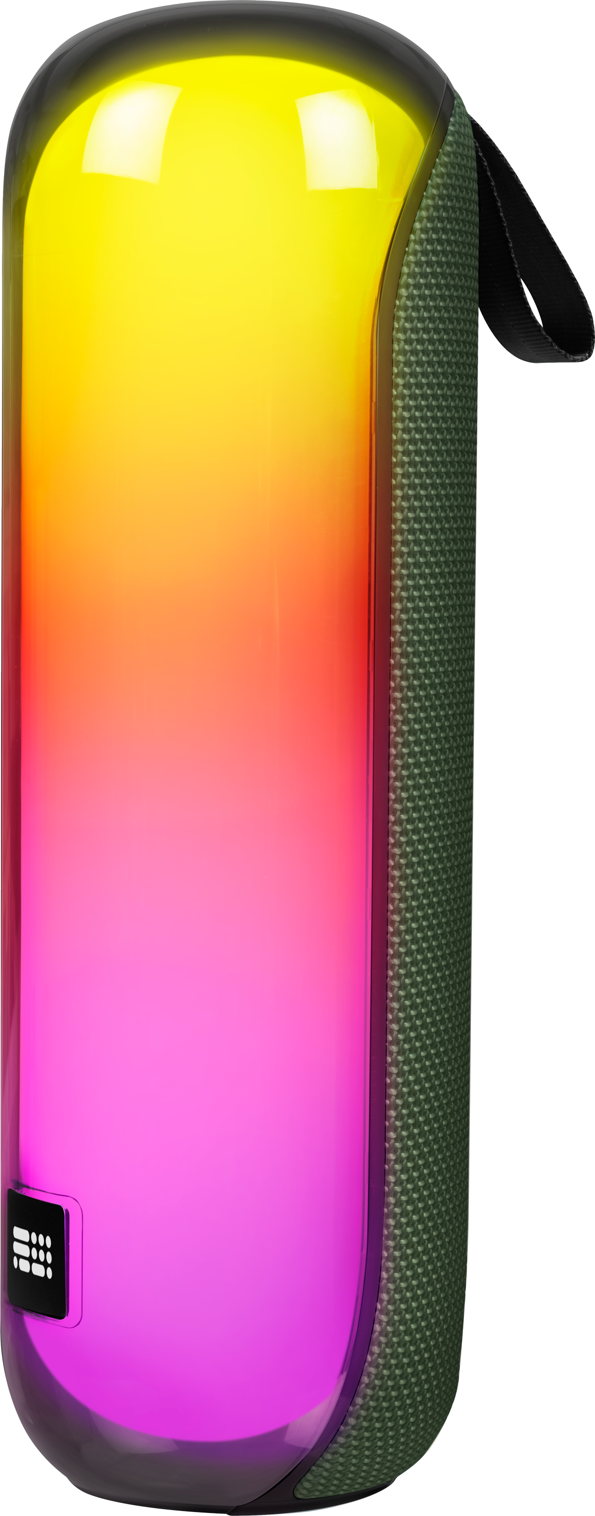 Un haut-parleur coloré avec un dégradé du jaune au rose. Il a un côté vert et une poignée noire. Il y a un panneau de contrôle.