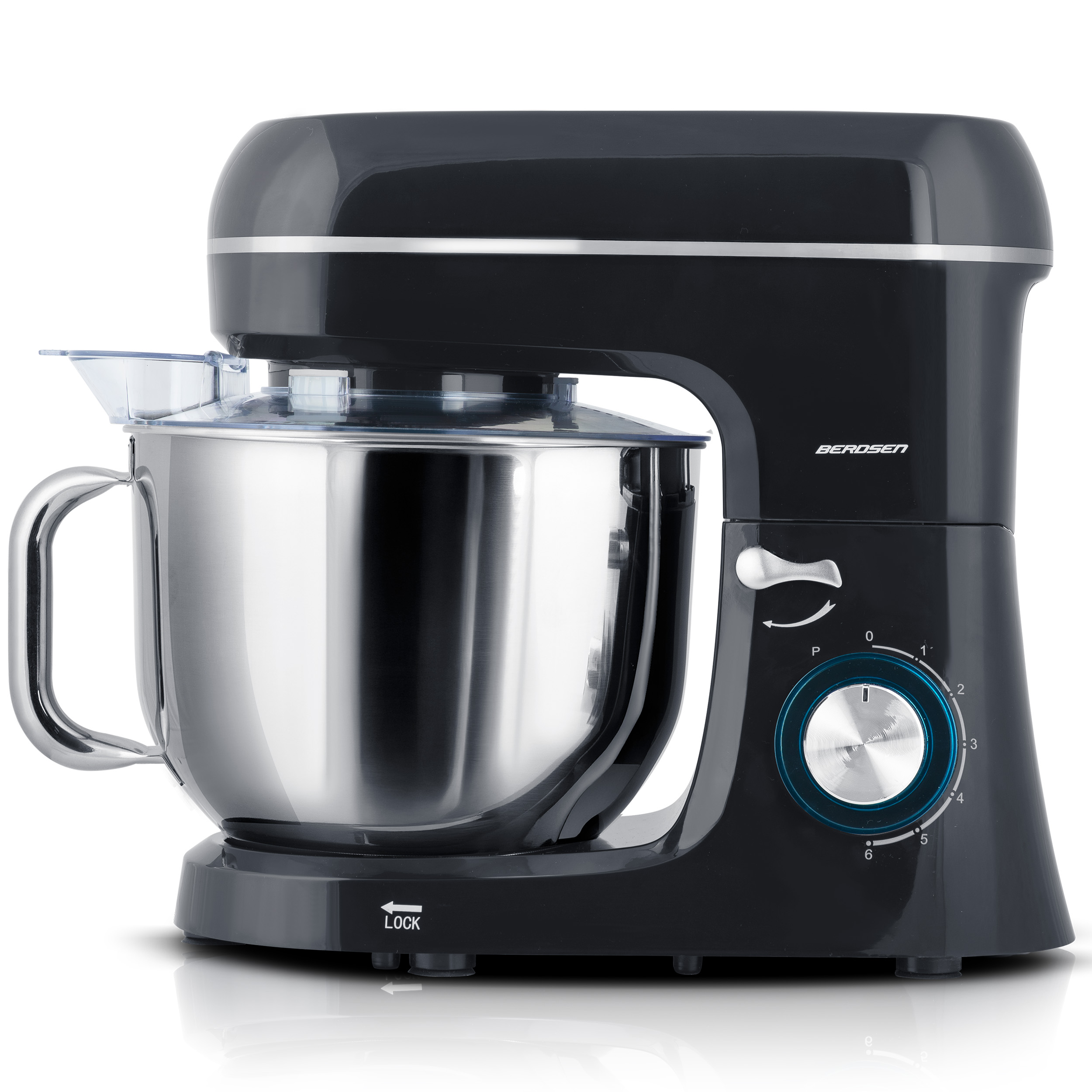 Czarny i srebrny mikser stojący BEROSEN ze stalową misą i pokrętłem regulacji prędkości.