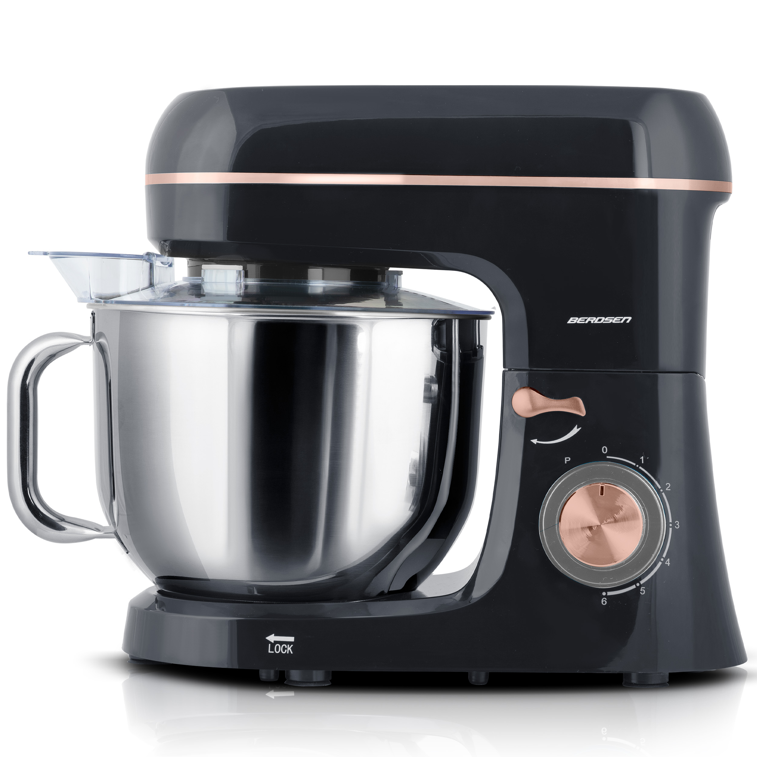 Czarny i srebrny mikser stojący Berdsen. Posiada misę ze stali nierdzewnej, pokrętło prędkości i przezroczystą osłonę przeciw rozpryskom.