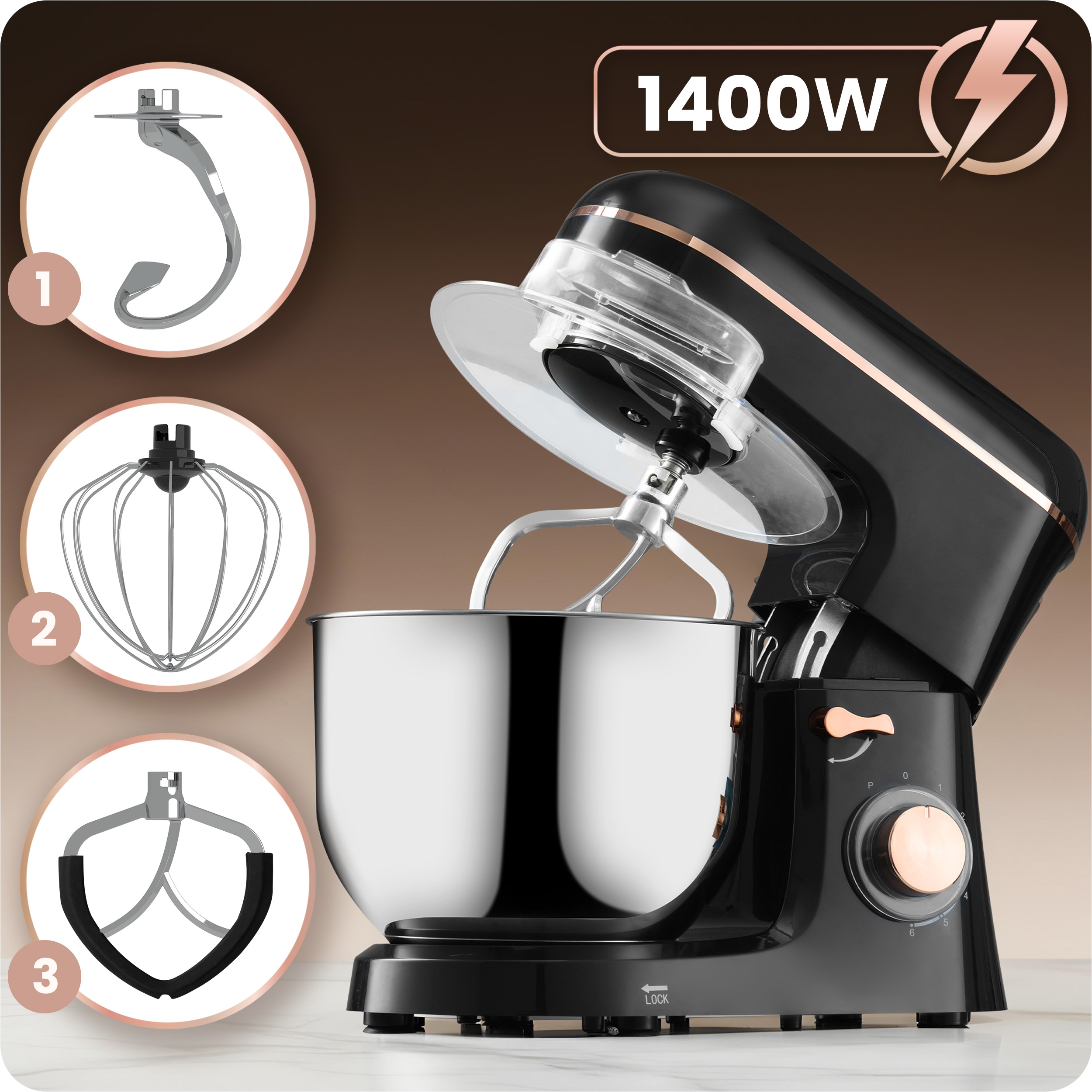 Czarny mikser stojący z akcesoriami, misą i wskaźnikiem zasilania. Pokazuje 1400W i symbol błyskawicy.
