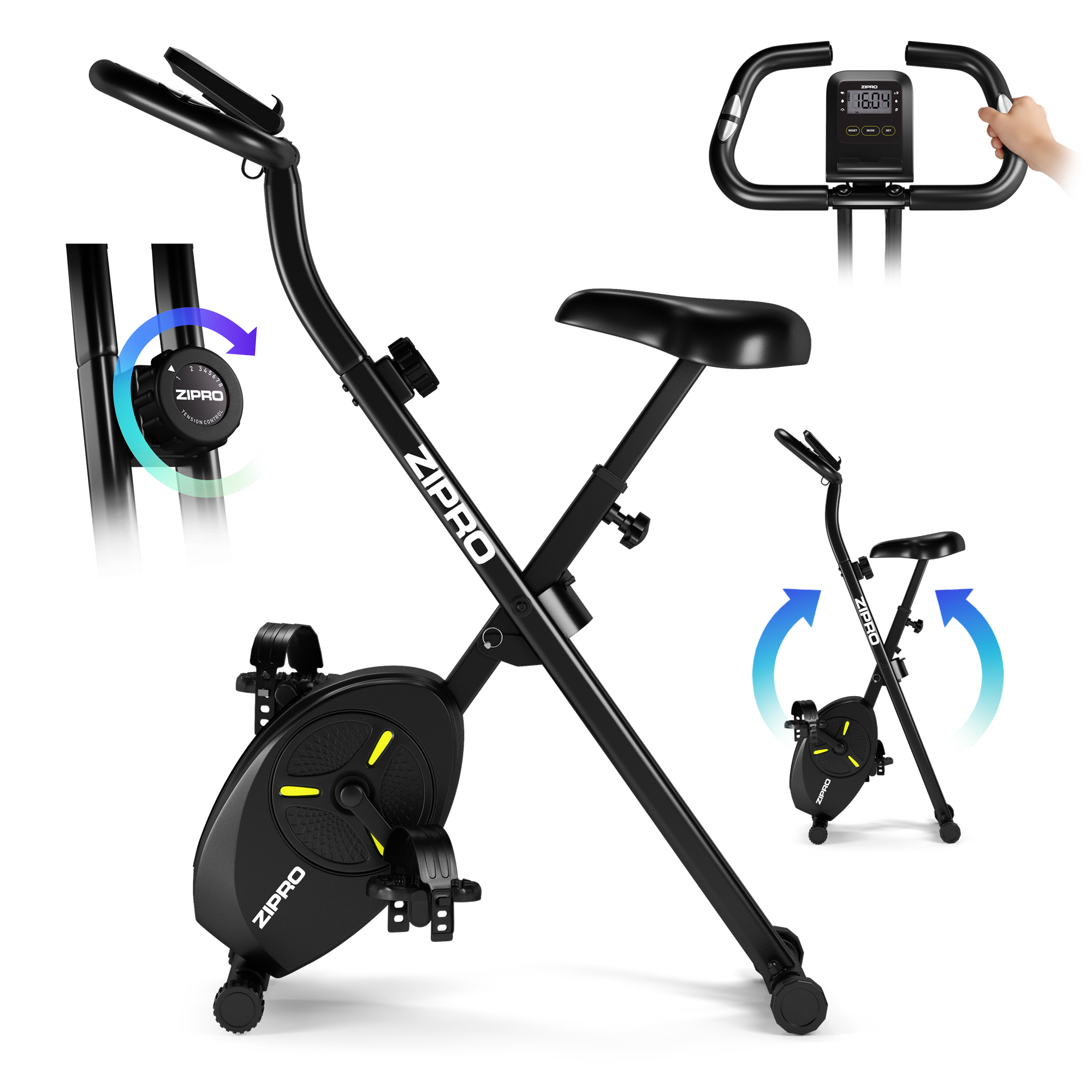 Bicicletta da palestra nera con display digitale. Ha sella, pedali e resistenza regolabile. Frecce indicano le regolazioni.