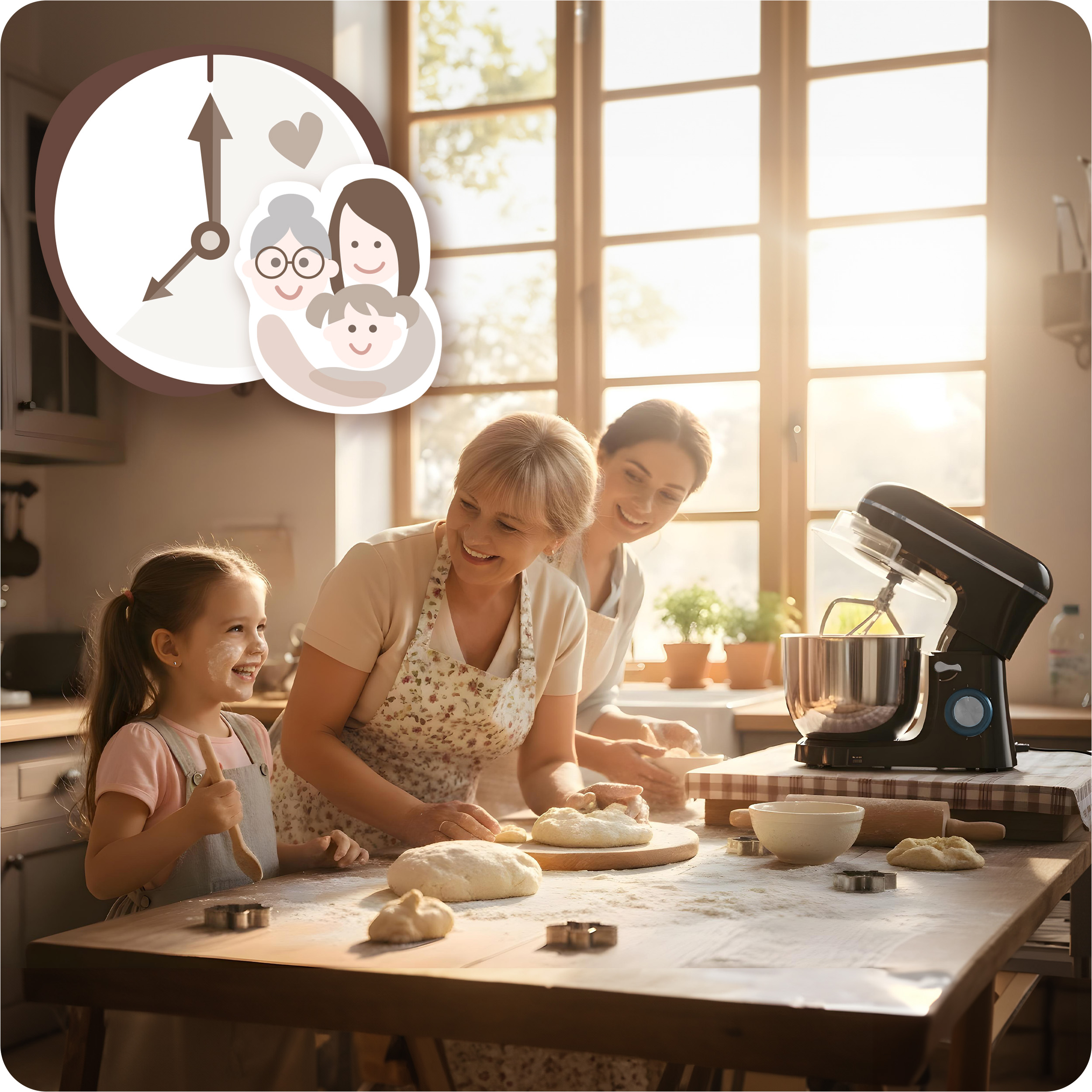 Trzy pokolenia pieką razem. Mąka na stole i na twarzy dziecka. Mikser i okno w tle.