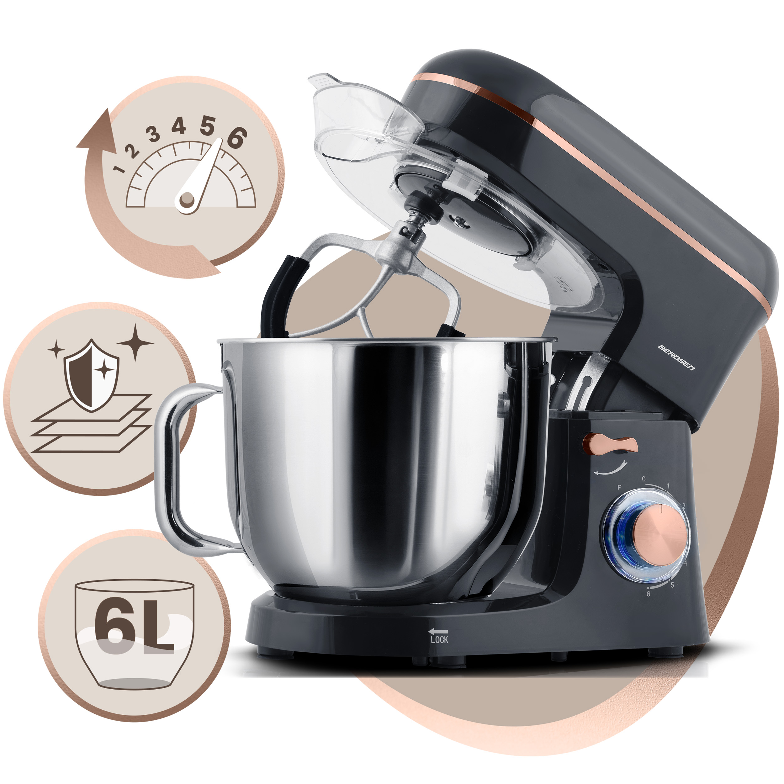 Czarny i srebrny mikser stojący ze złotymi akcentami. Zawiera pokrętło prędkości, misę i akcesoria.