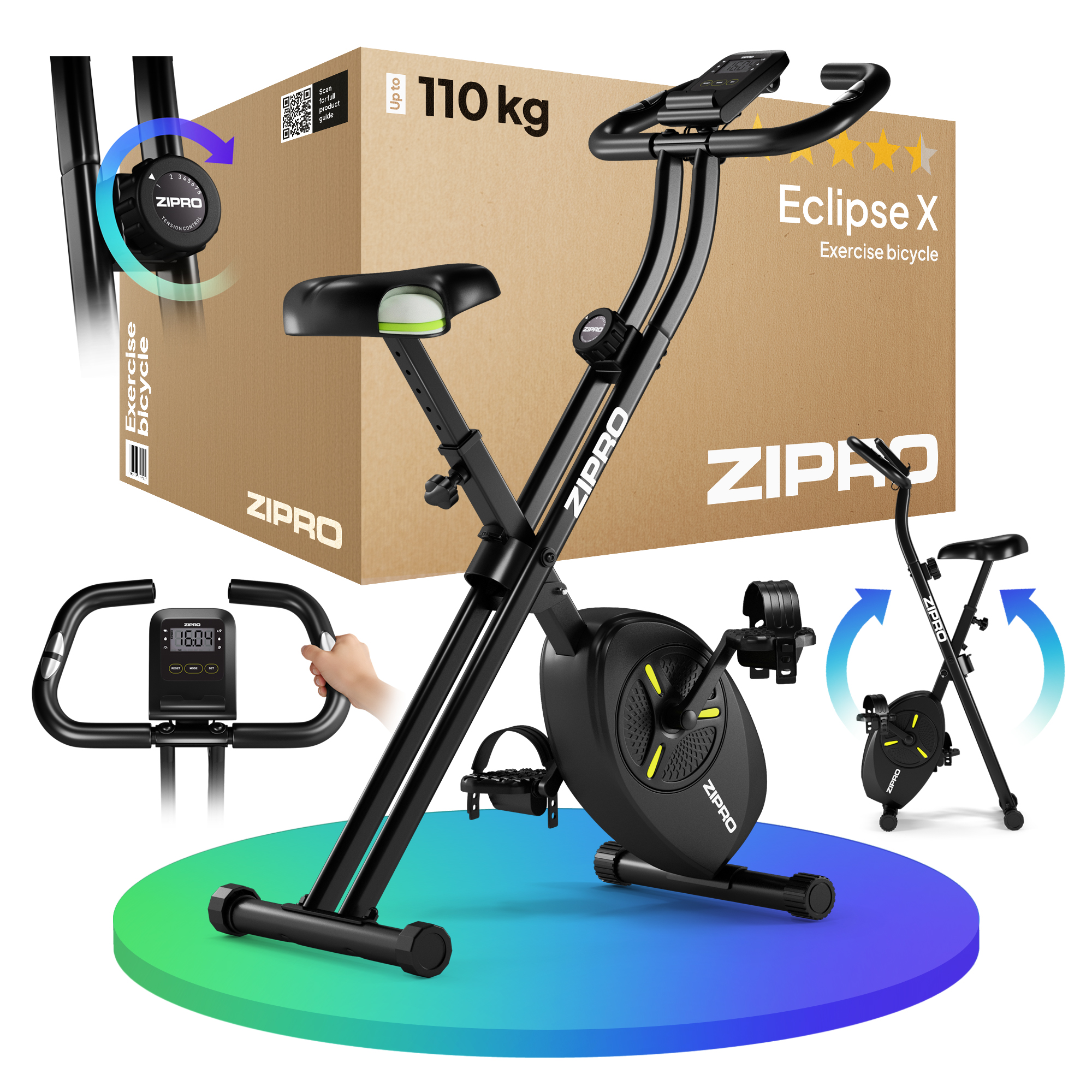 Una cyclette con il marchio ZIPRO. Una persona tiene il manubrio. Una scatola è sullo sfondo.