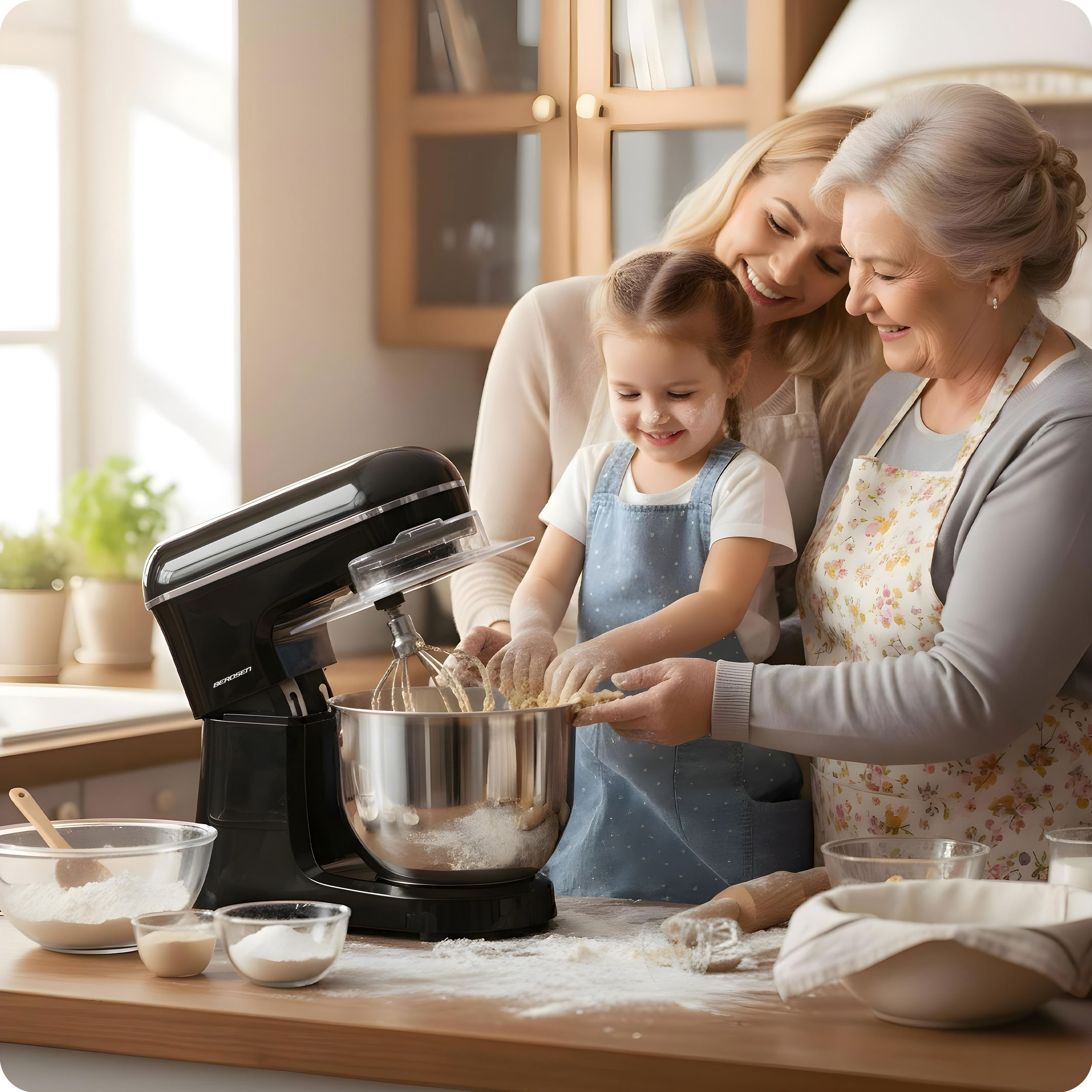 Wielopokoleniowa rodzina piecze razem. Mąka pokrywa scenę. Czarny mikser stoi na blacie.