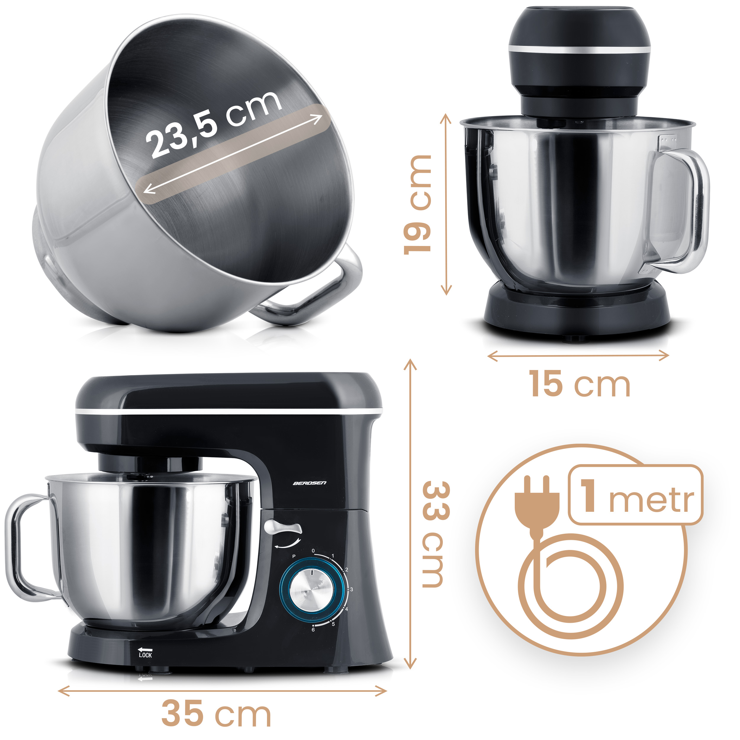 Czarny i srebrny mikser kuchenny z wymiarami w cm. Zawiera kabel zasilający i misę.