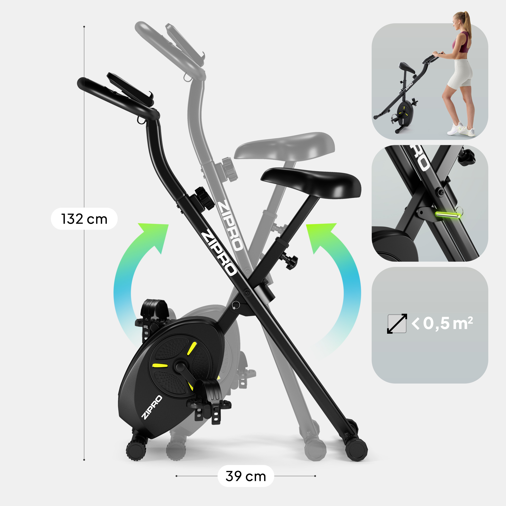 Cycel Zipro nero. Dimensioni 132cm x 39cm. Donna a destra. Meno di 0,5 m2.
