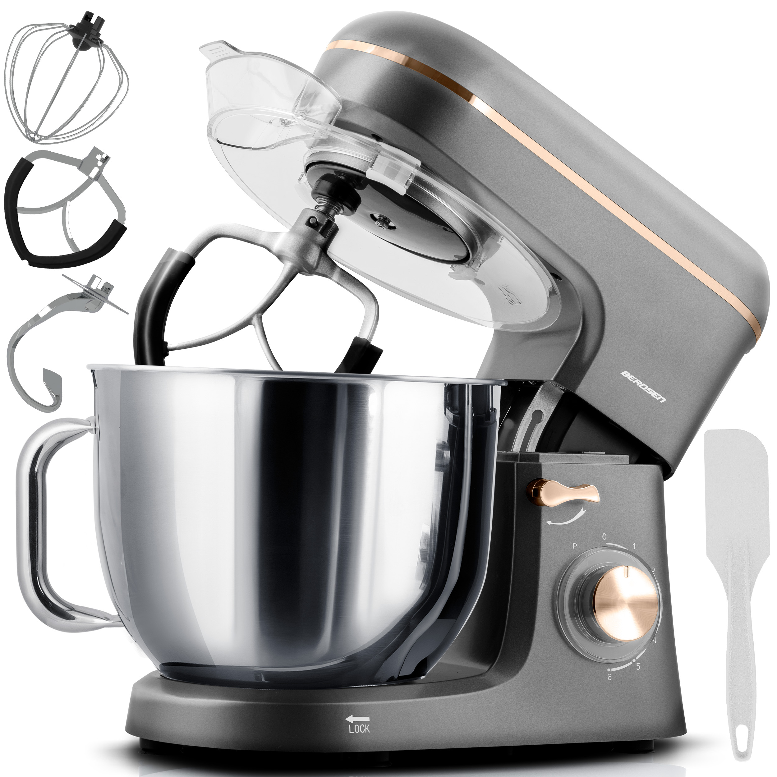 Szara mikser stojący z akcesoriami. Misa z przodu. Szpatułka po prawej.